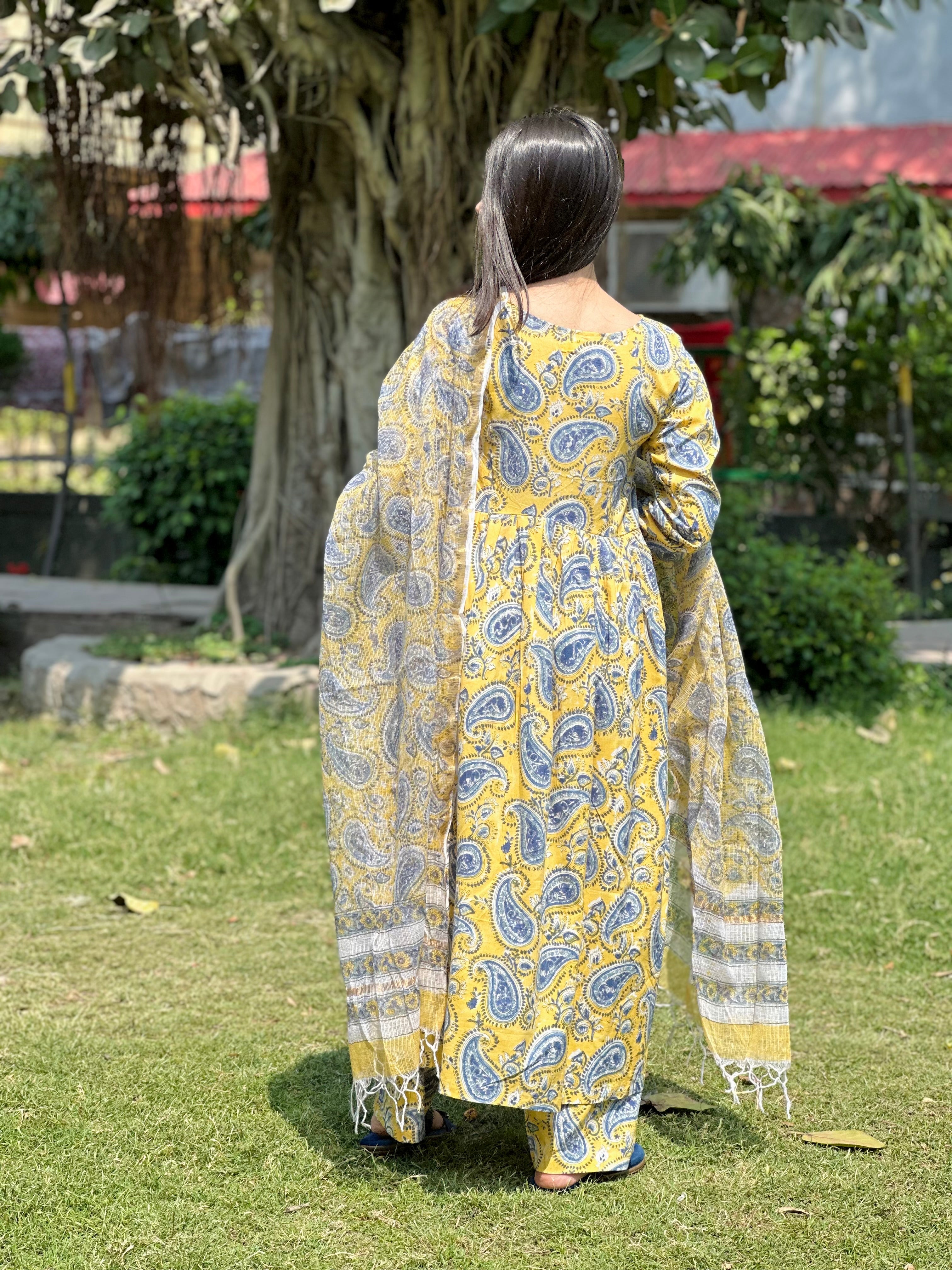 Yellow Paisley Anarkali Set( Kota doriya)