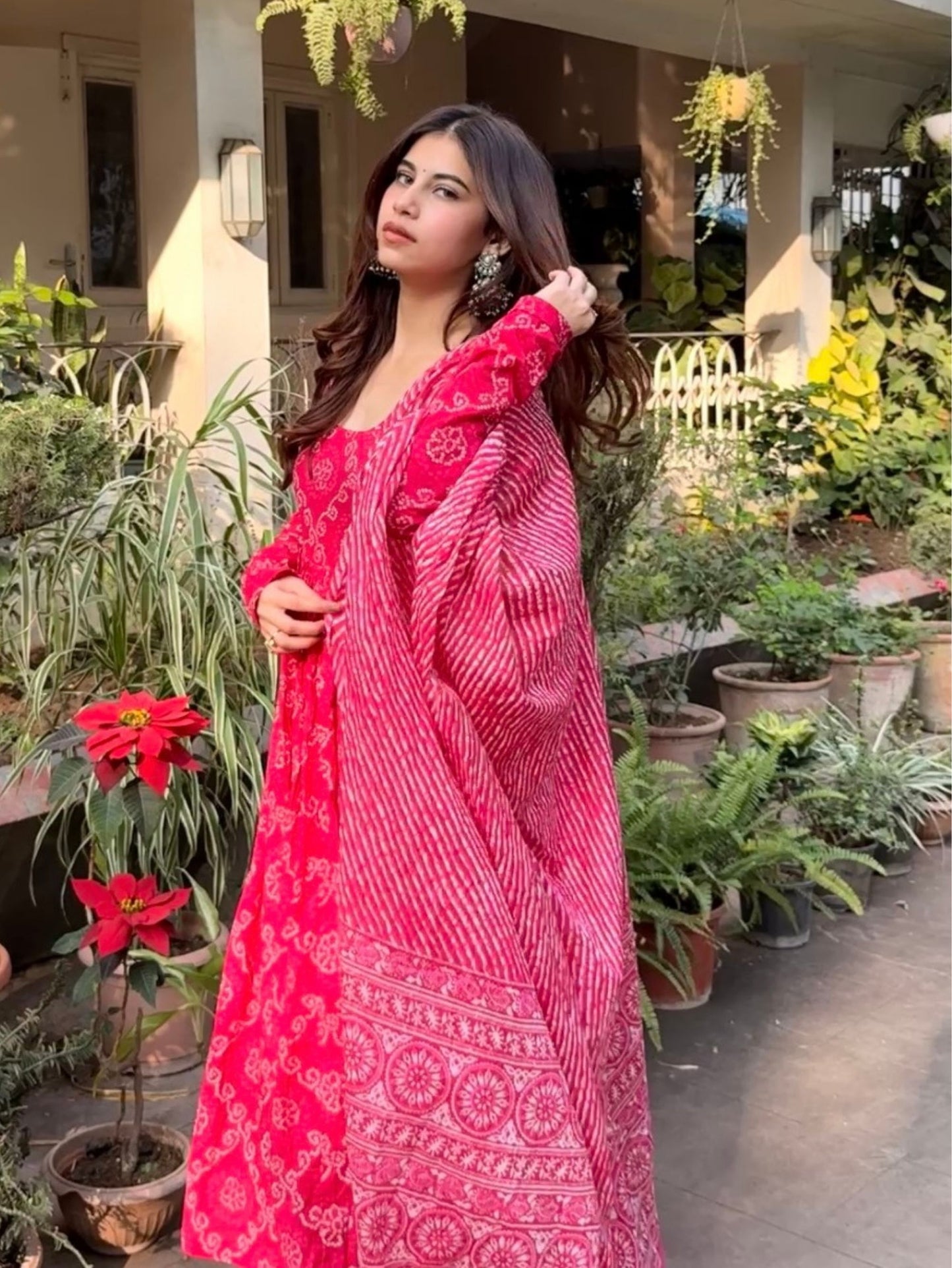 Pink Bandhej Cotton Anarkali 3 Piece Suit Set with Dupatta