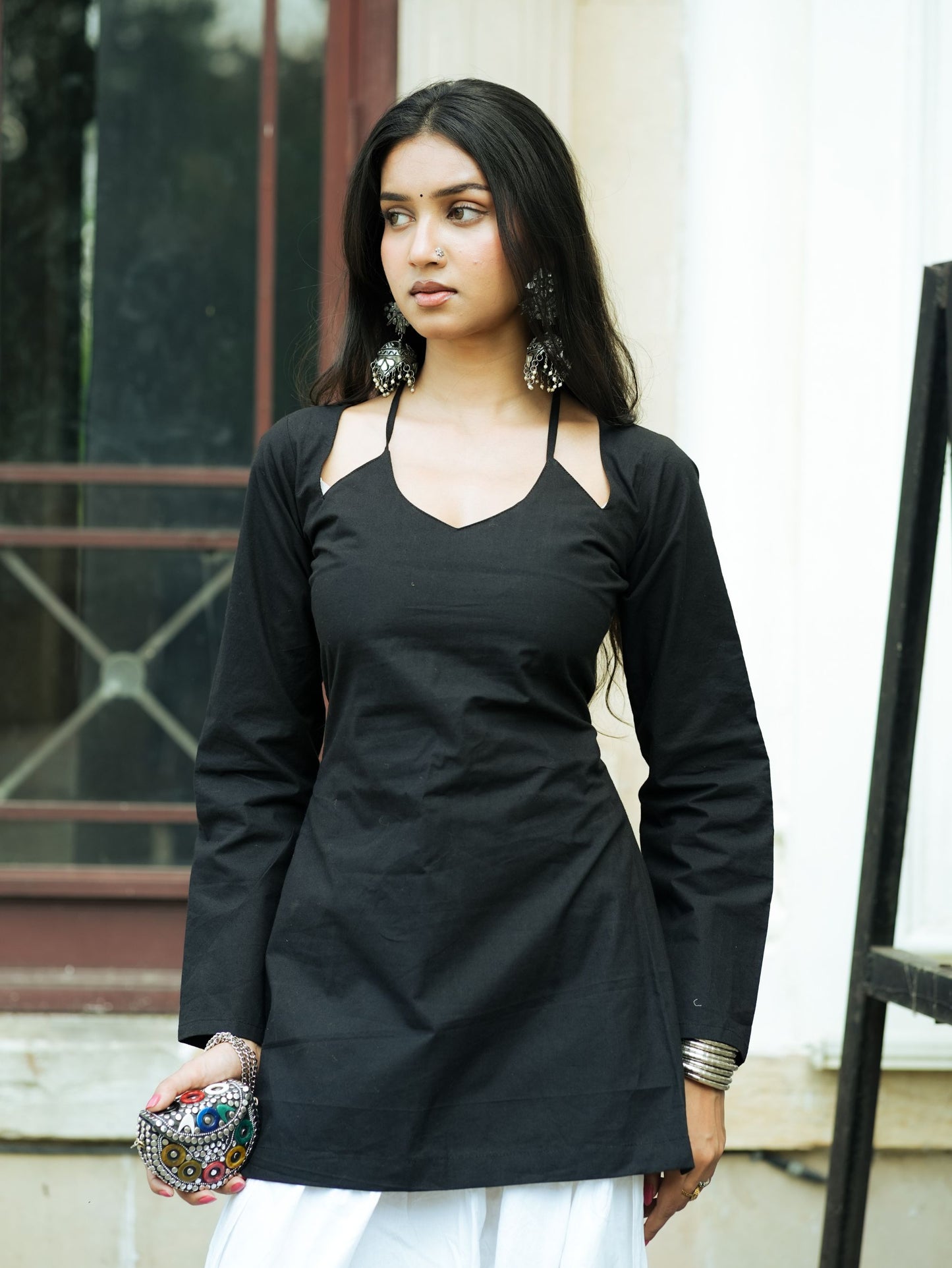 Tarana Black Halter Neck Short Kurti