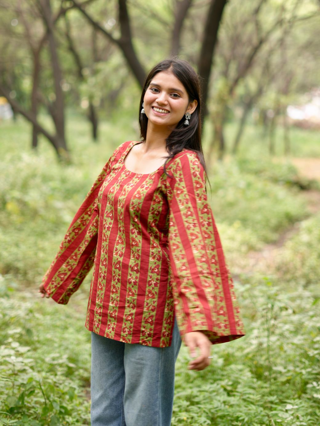 Red Blossom Striped Kurti