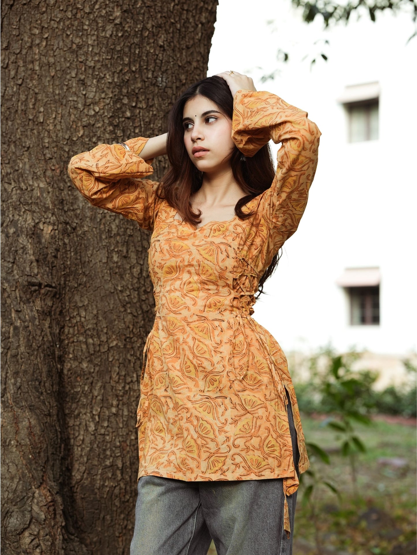 Mayra Mustard Printed Short Kurti with Sweetheart Neck