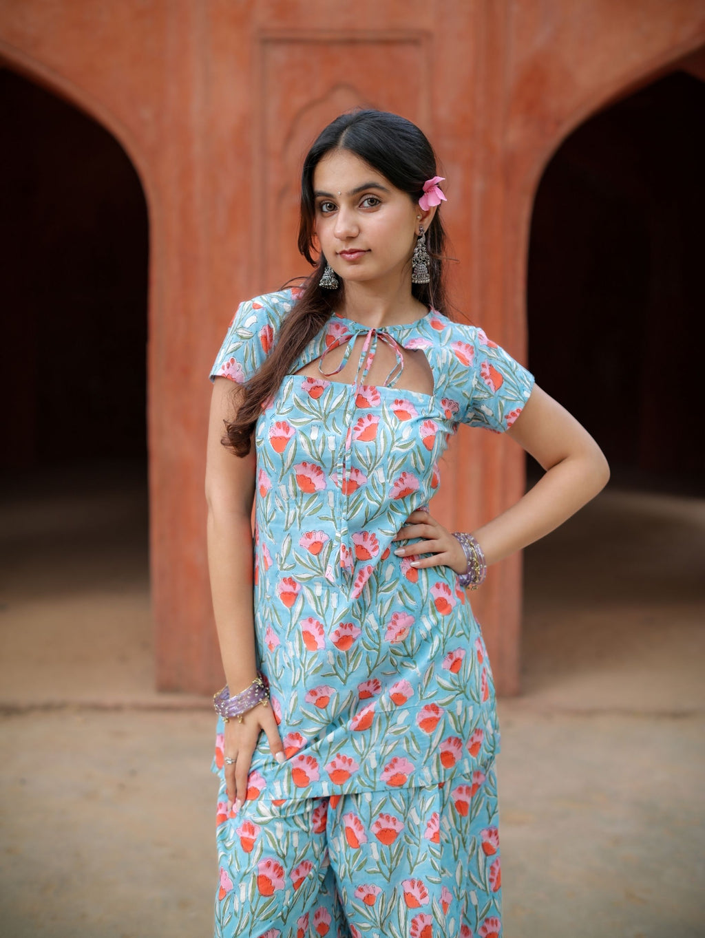 Blue Bella Cotton Handblock Two Piece Palazzo Set for Women