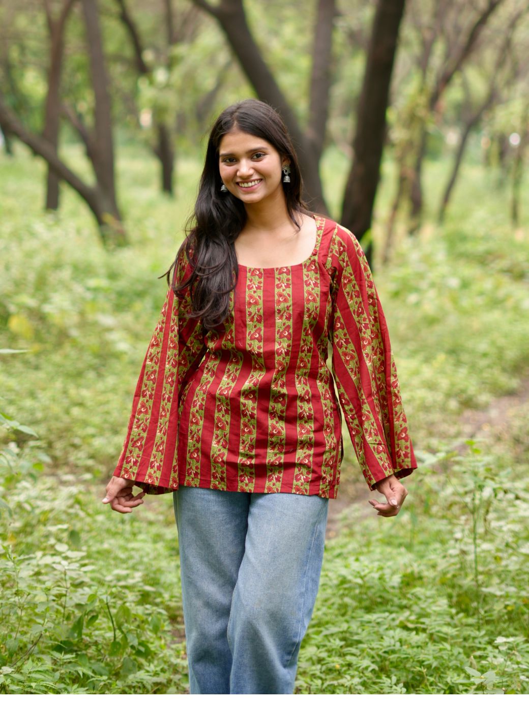 Red Blossom Striped Kurti