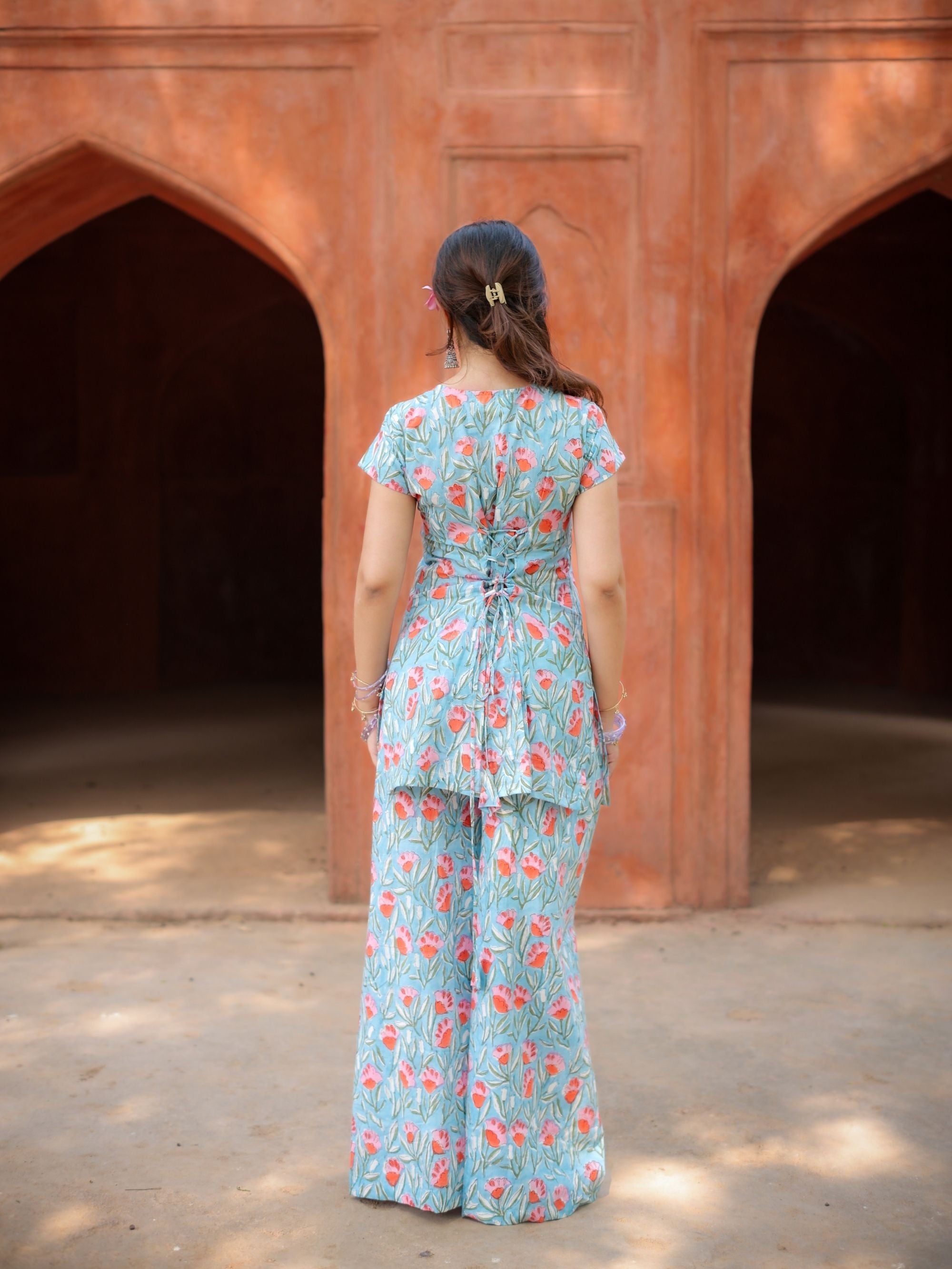 Blue Bella Cotton Handblock Two Piece Palazzo Set for Women