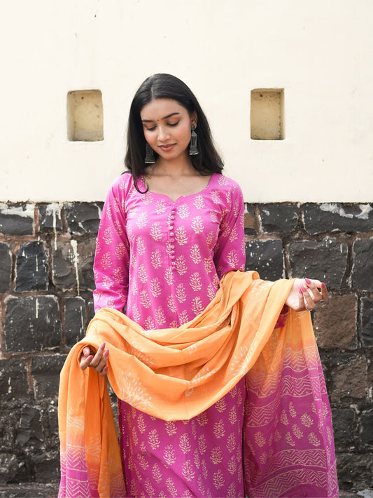 Rosy Pink Orange Cotton Kurta Pant Dupatta Set
