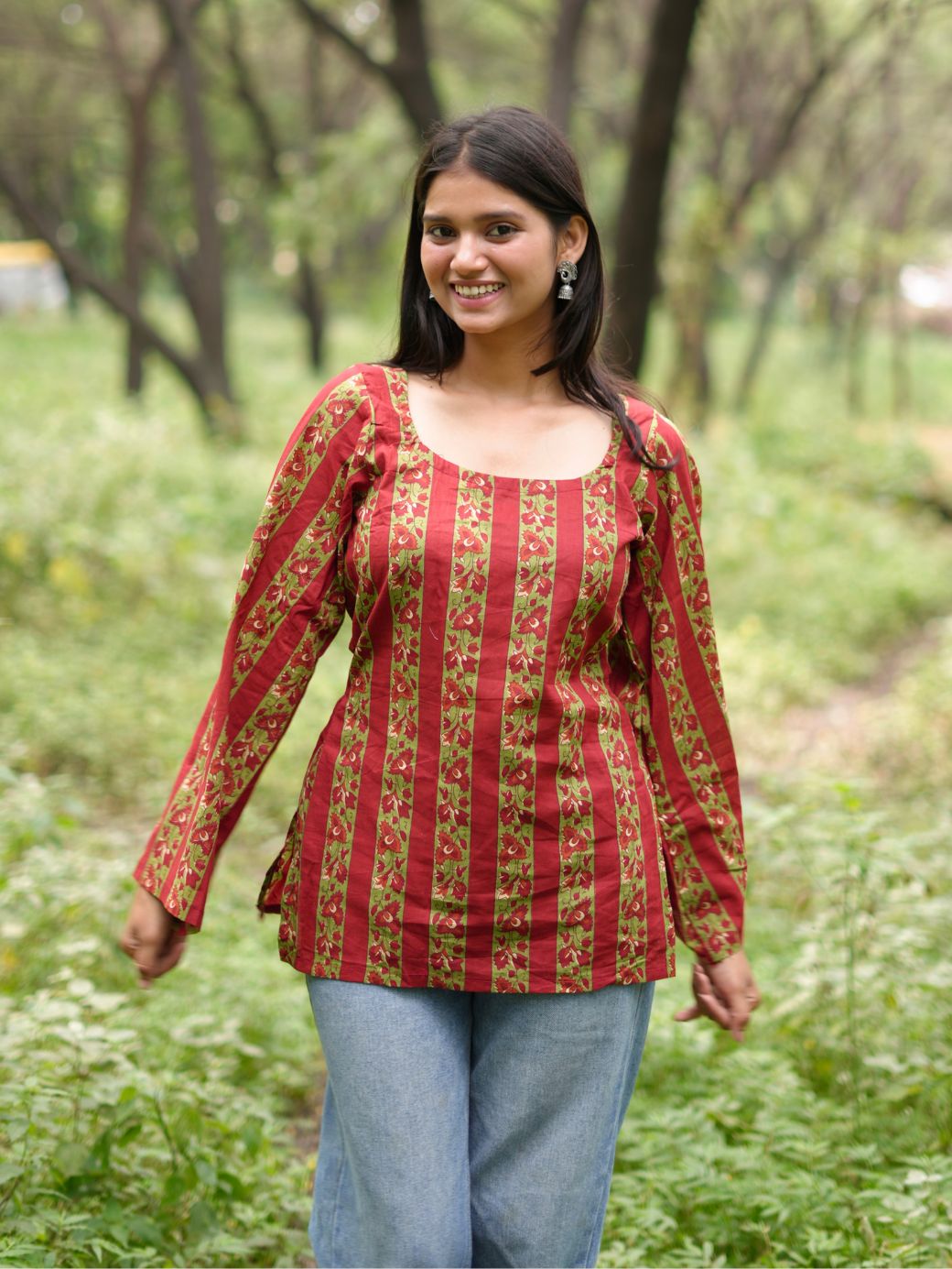 Red Blossom Striped Kurti