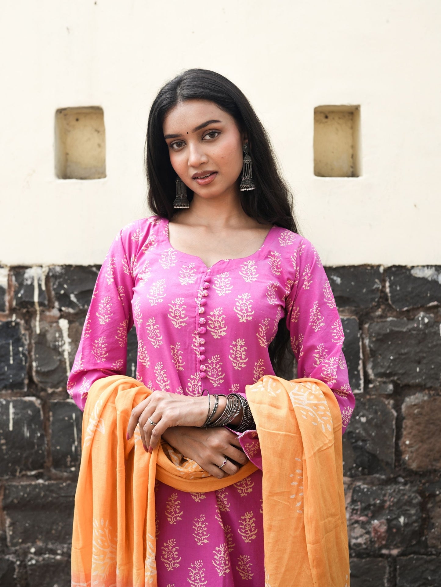 Rosy Pink Orange Cotton Kurta Pant Dupatta Set