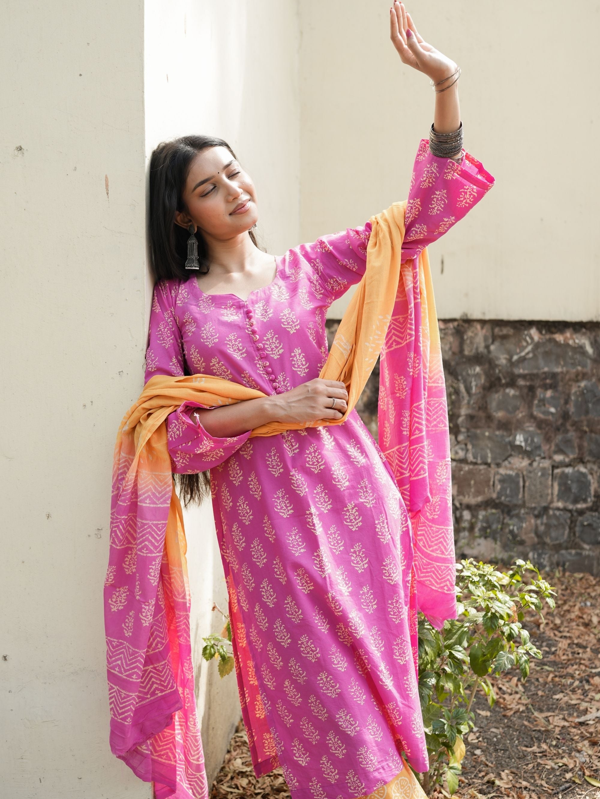 Rosy Pink Orange Cotton Kurta Pant Dupatta Set