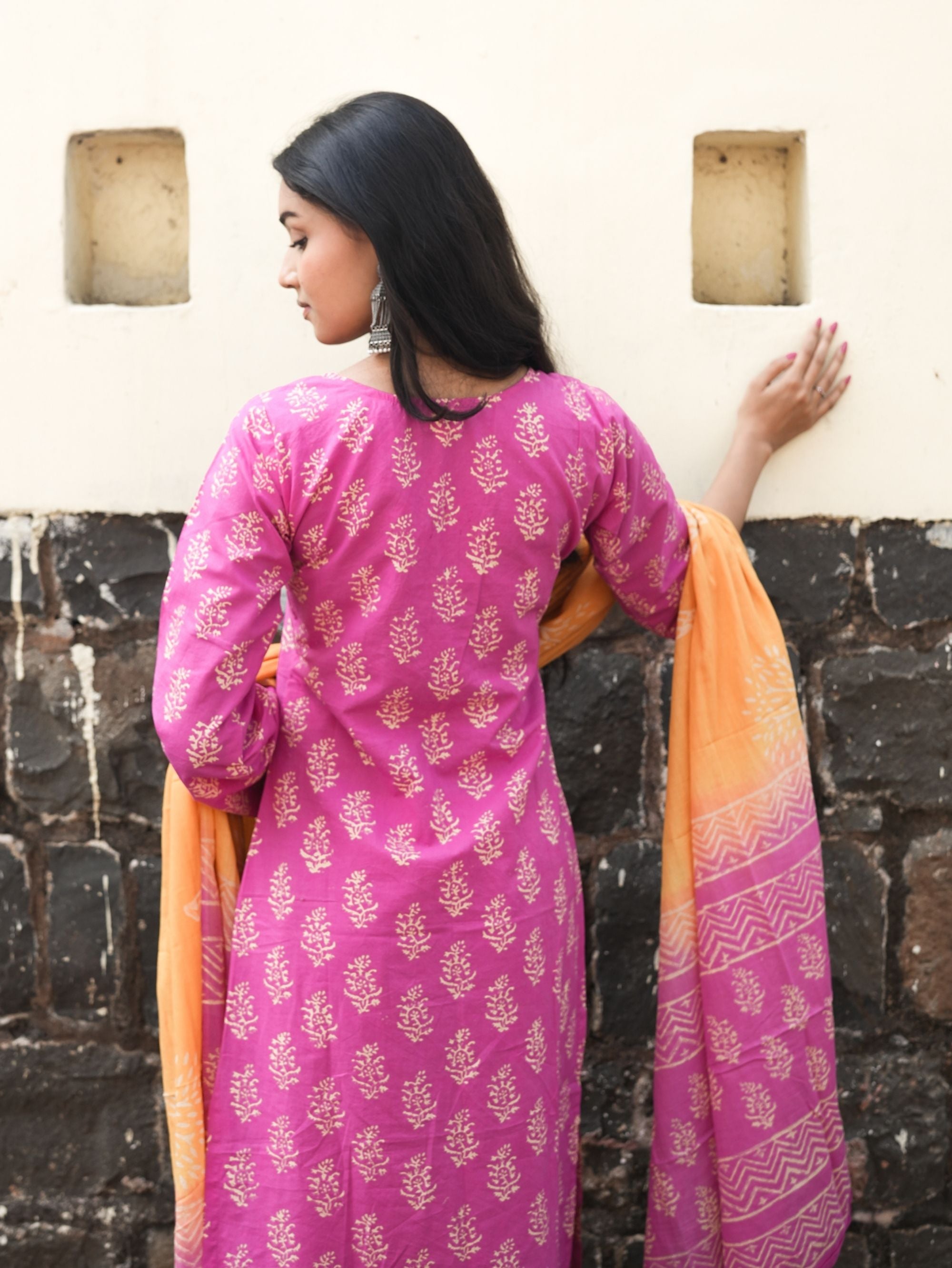 Rosy Pink Orange Cotton Kurta Pant Dupatta Set