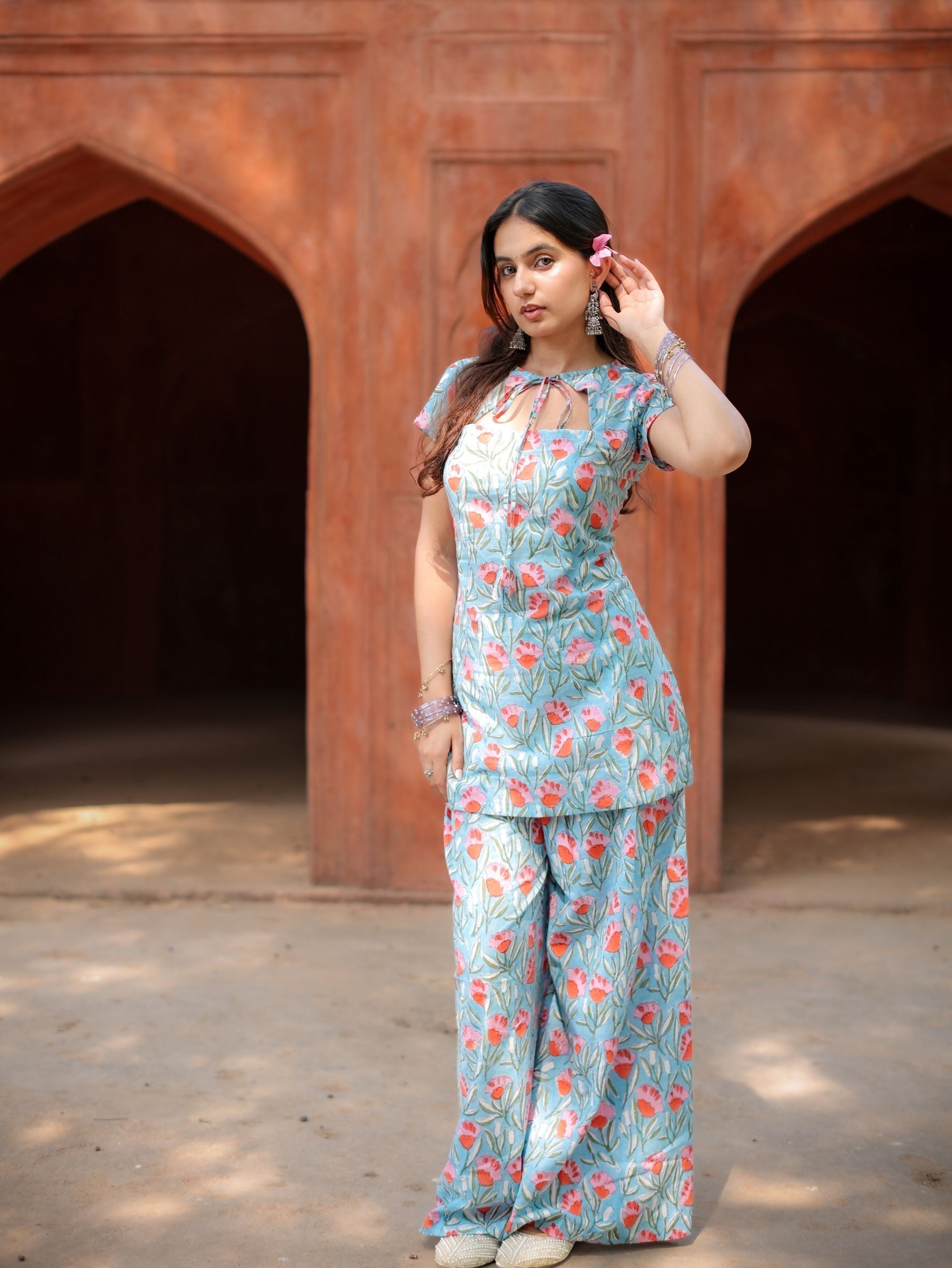 Blue Bella Cotton Handblock Two Piece Palazzo Set for Women