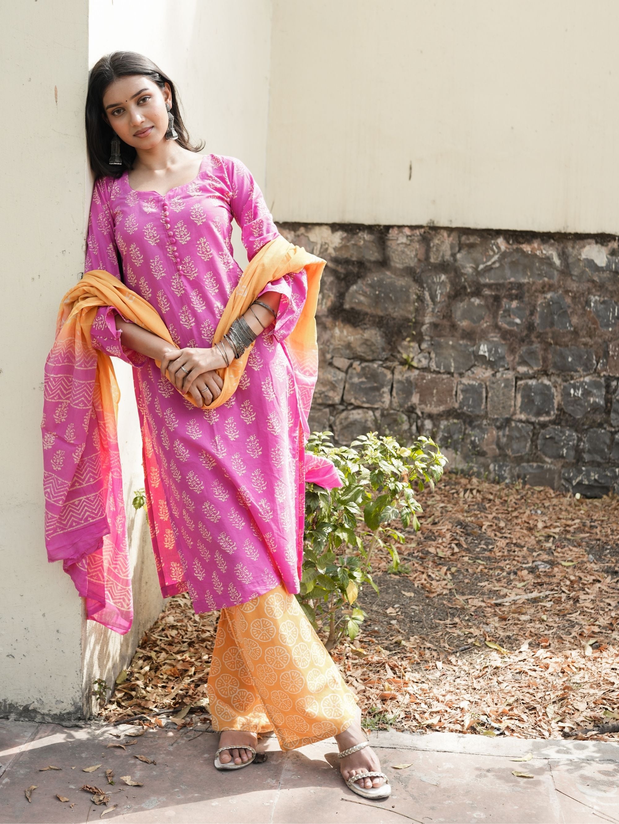 Rosy Pink Orange Cotton Kurta Pant Dupatta Set