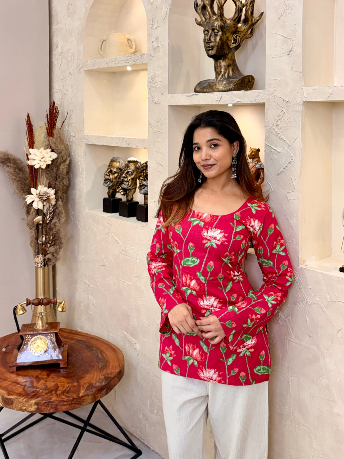 Mishti Pink Lotus Print Cotton Short Kurti