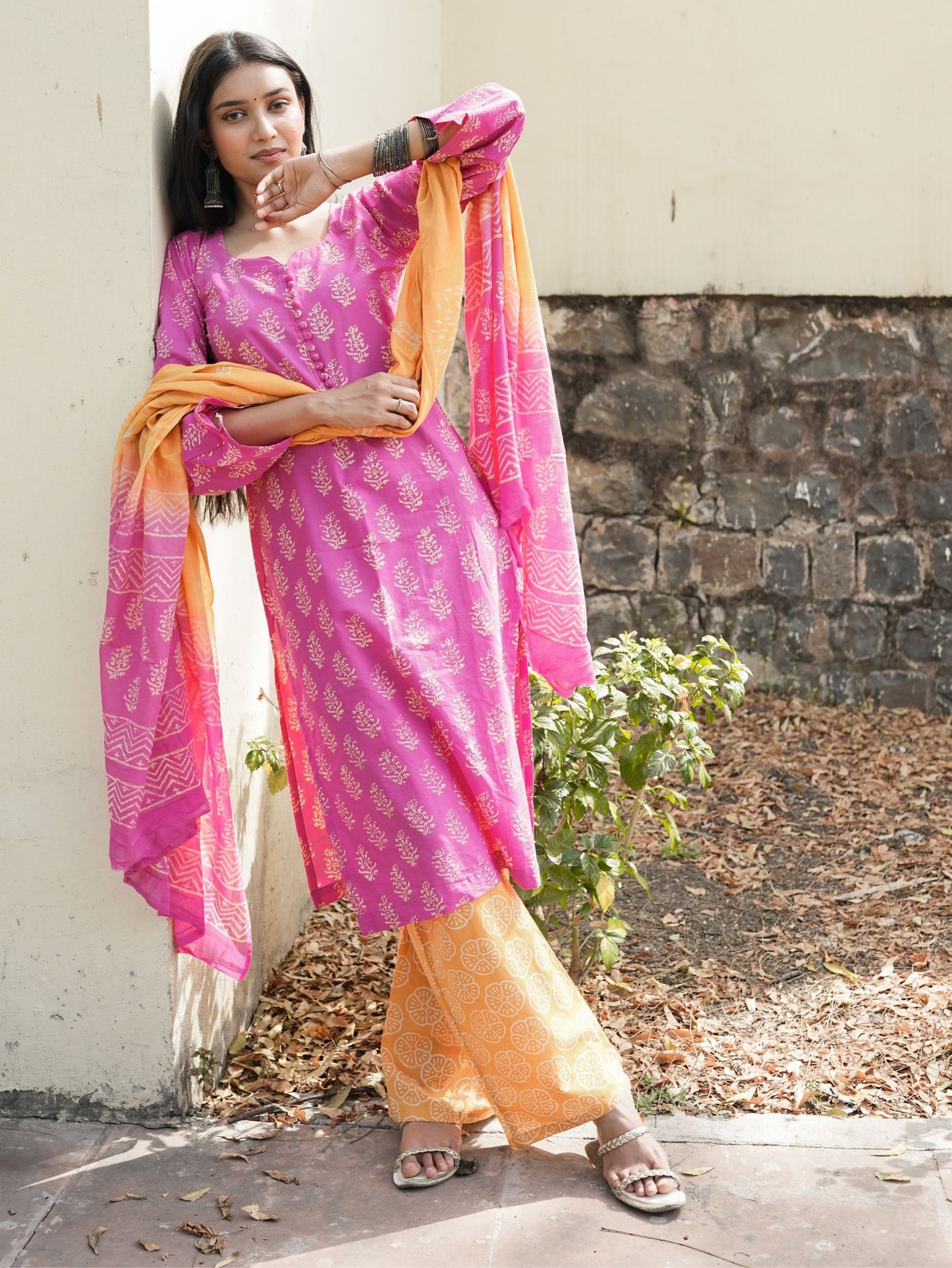 Rosy Pink Orange Cotton Kurta Pant Dupatta Set