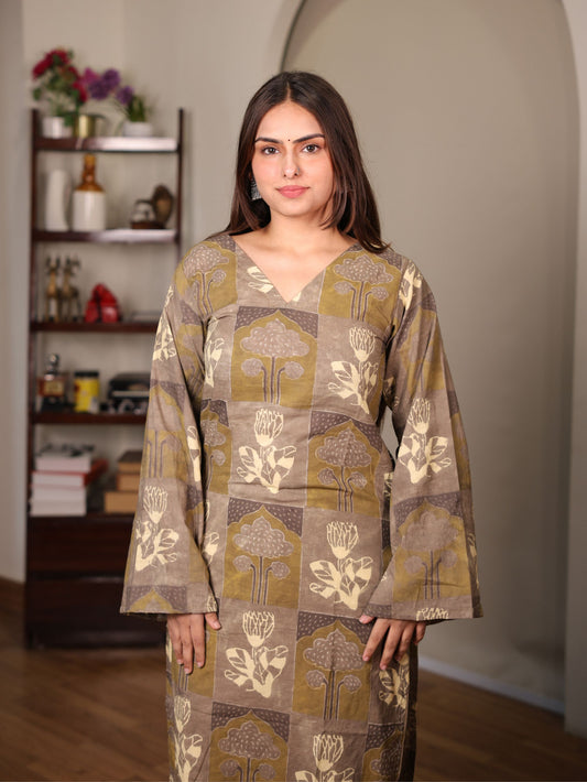 Nayab Beige Cotton Long Kurta with Pakistani Bell Sleeves