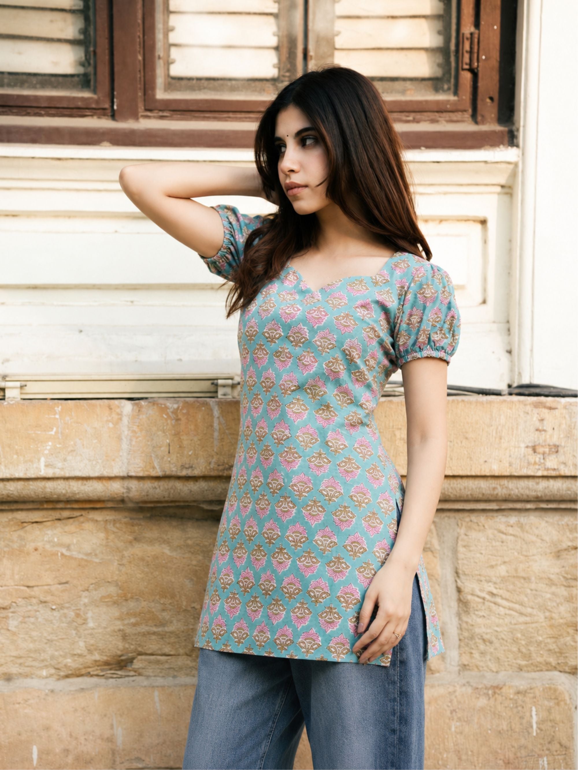 Mahi Sky Blue Handblock Cotton Kurta