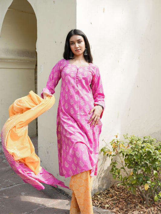 Rosy Pink Orange Cotton Kurta Pant Dupatta Set