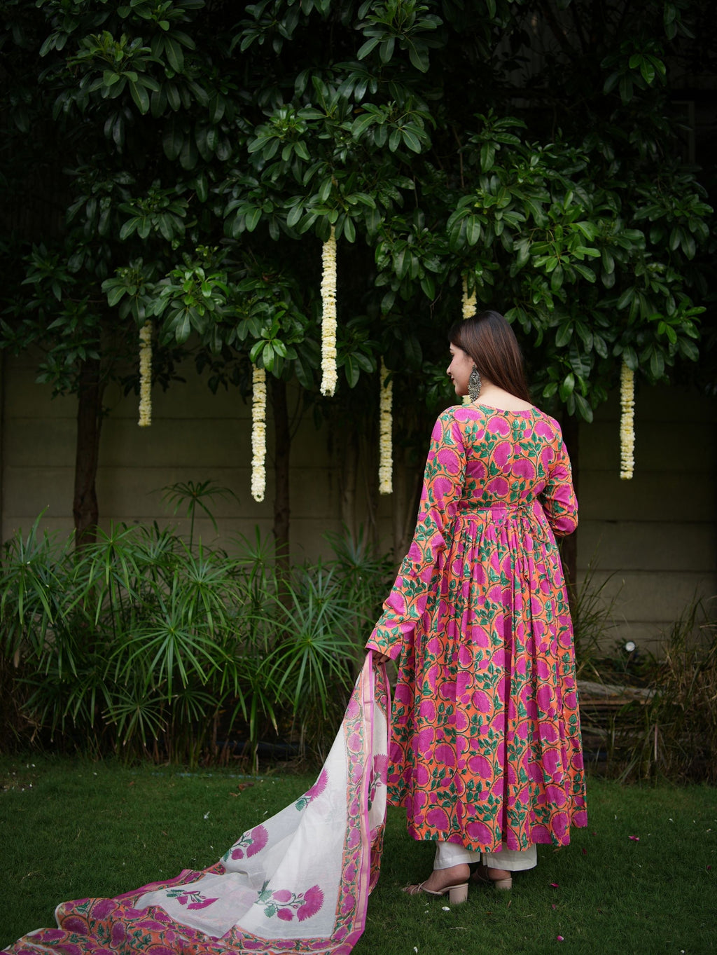 Shubhika Pink Handblock Cotton Three Piece Anarkali Set