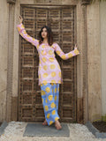 Summer Lemon Sorbet Pink Cotton Kurta Set with Handblock Farshi Salwar