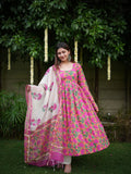 Shubhika Pink Handblock Cotton Three Piece Anarkali Set