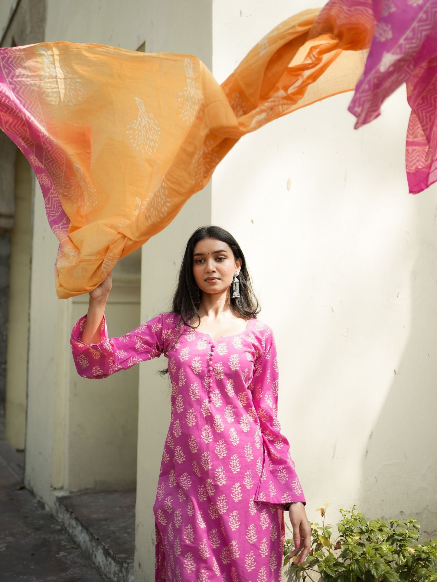 Rosy Pink Orange Cotton Kurta Pant Dupatta Set