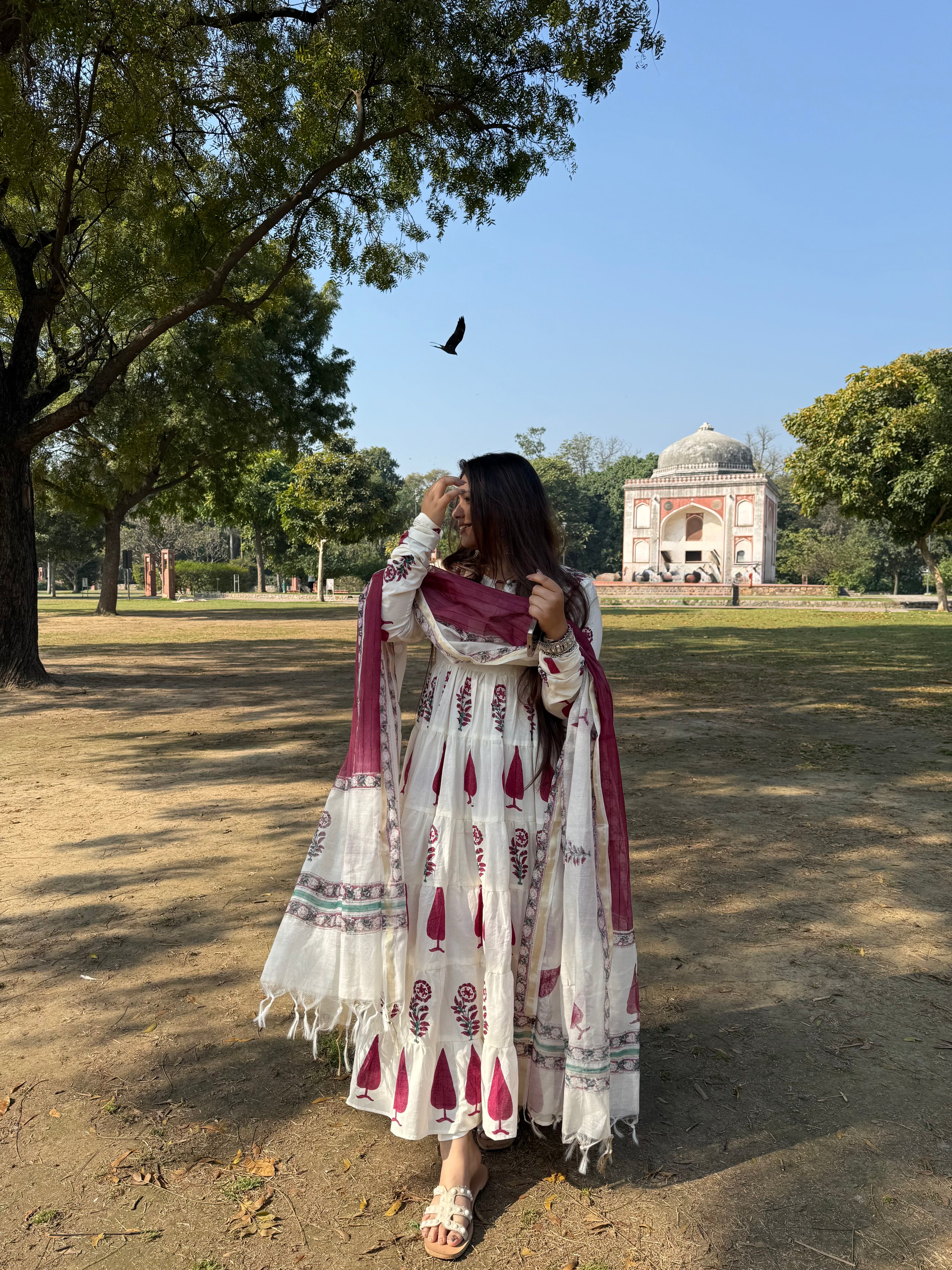 White Tilak Tiered Anarkali Set ( chanderi dupatta )