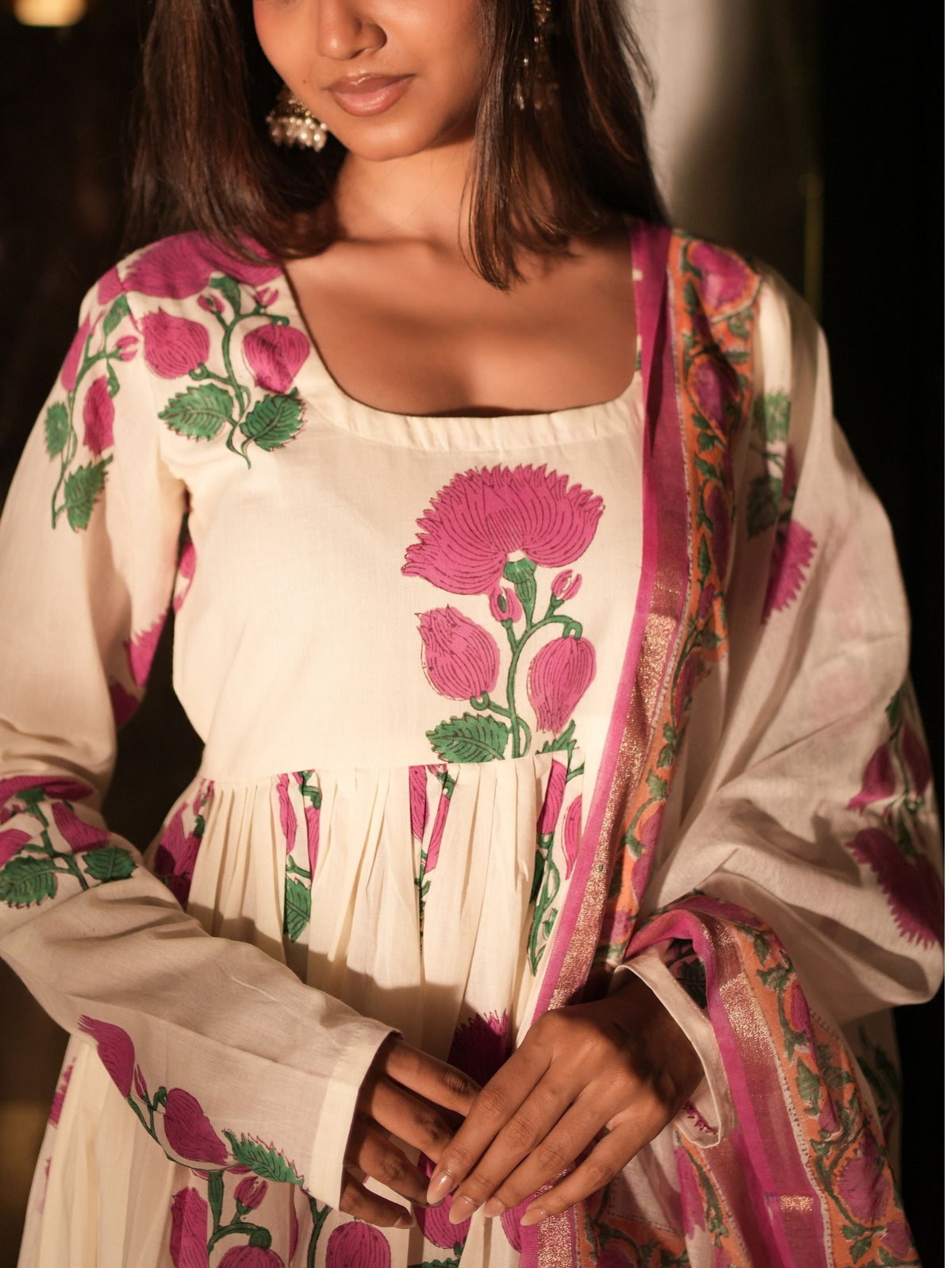 Indira Three Piece Handblock Anarkali Set