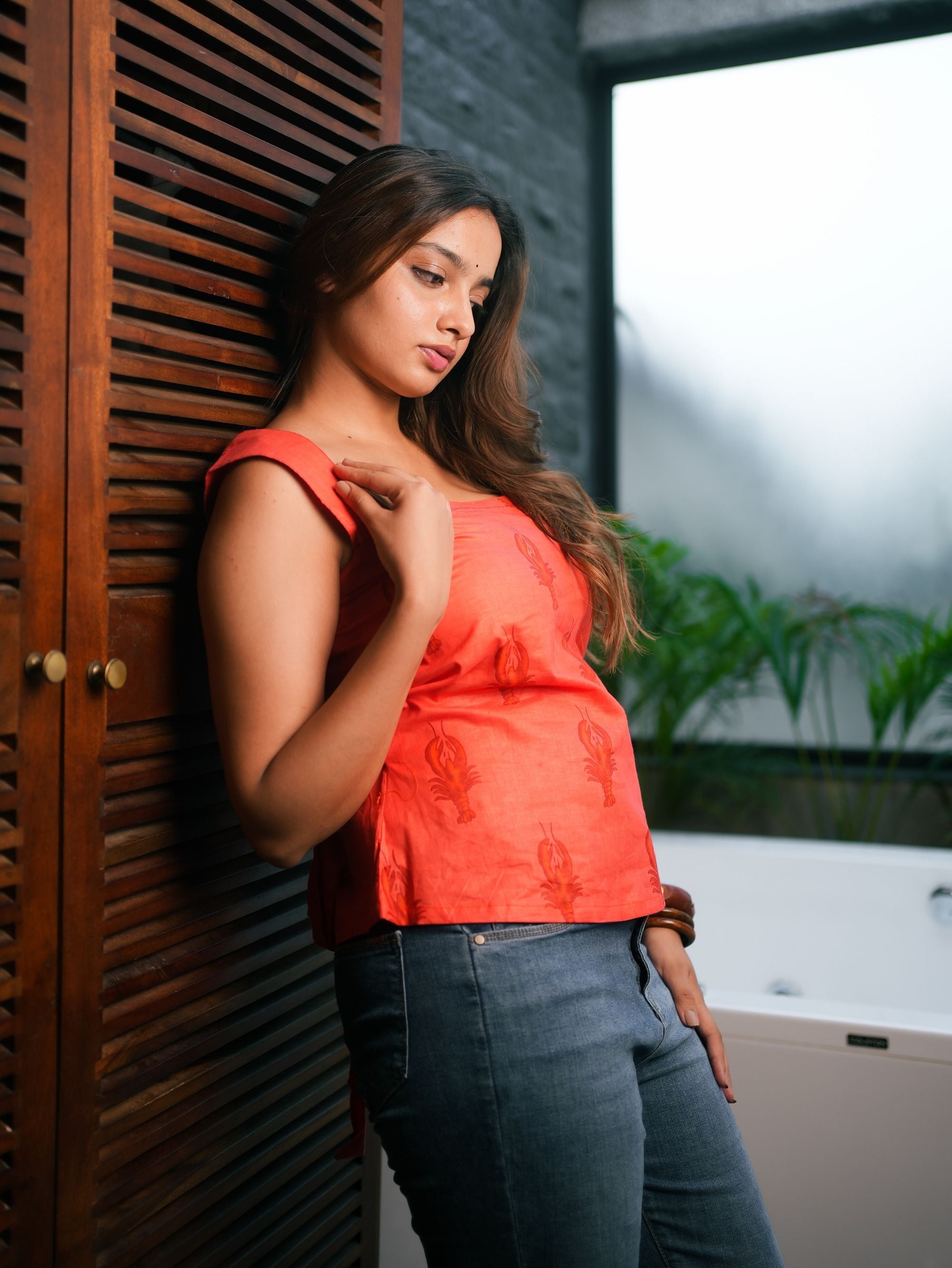 Sugar Petal Red Cotton Handblock Top with Square Neck