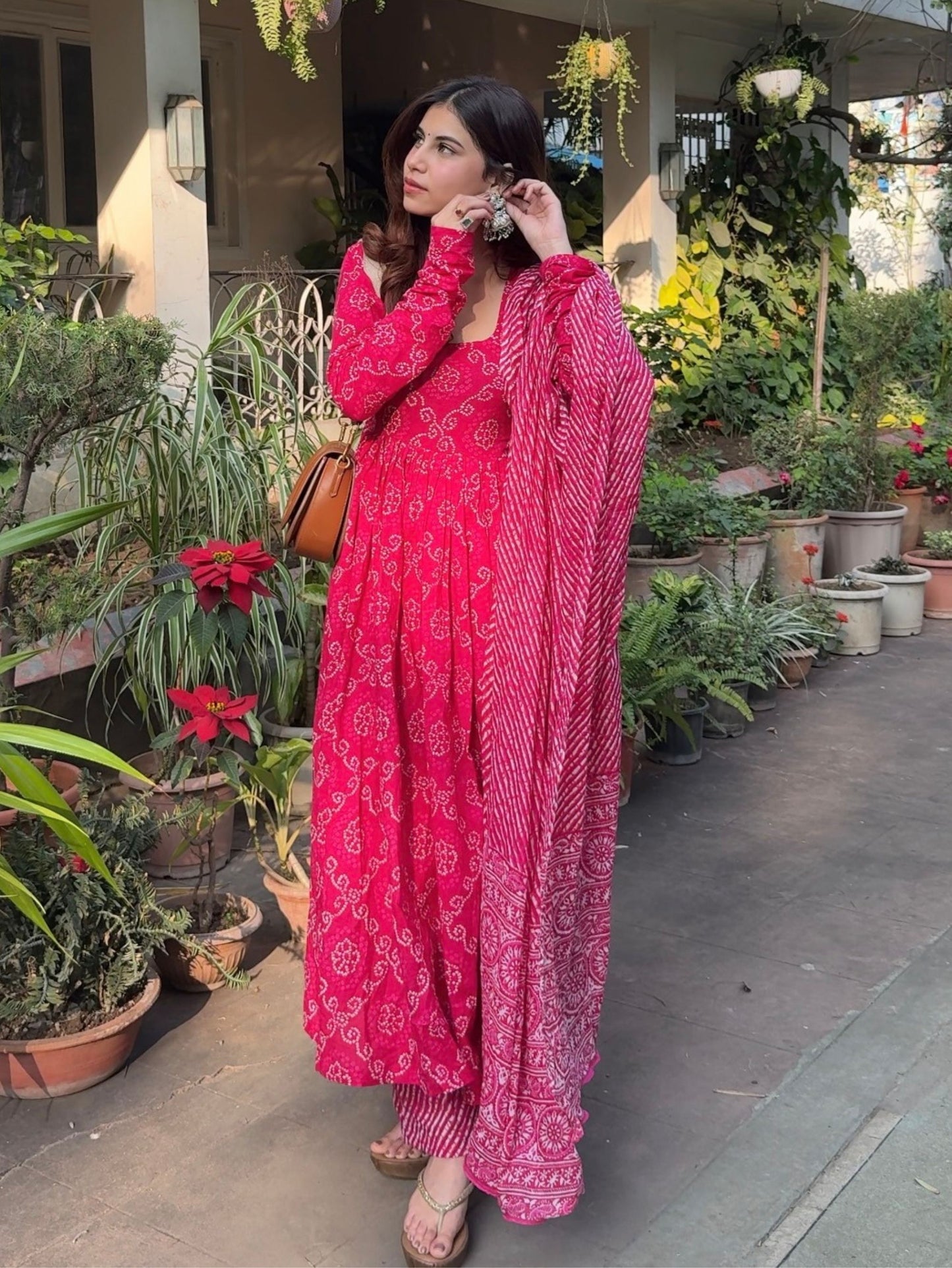 Pink Bandhej Cotton Anarkali 3 Piece Suit Set with Dupatta