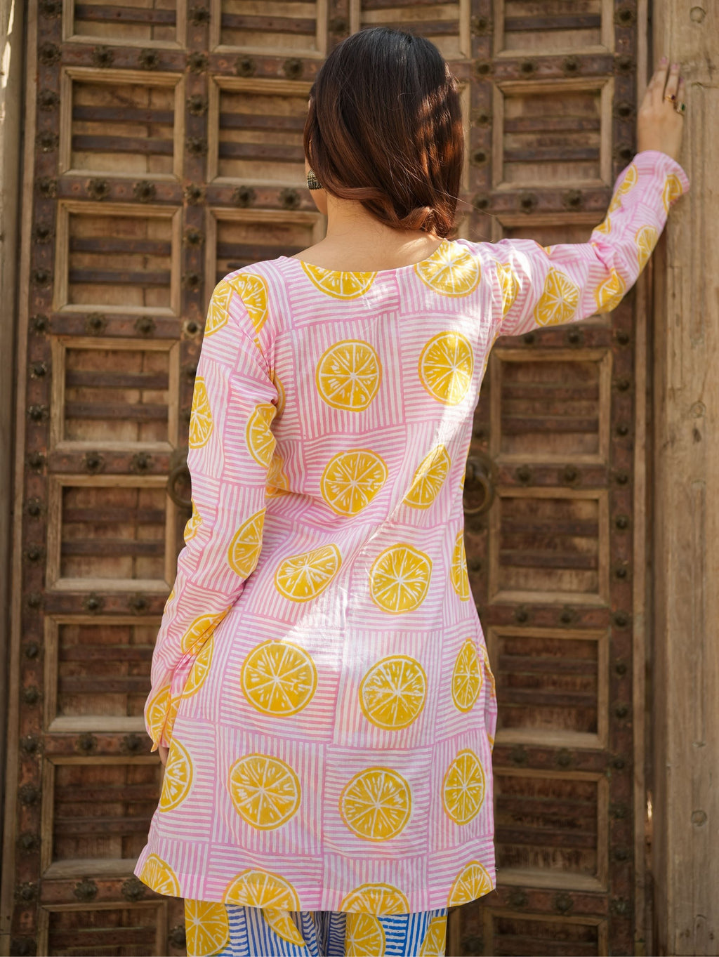 Summer Lemon Sorbet Pink Cotton Kurta Set with Handblock Farshi Salwar