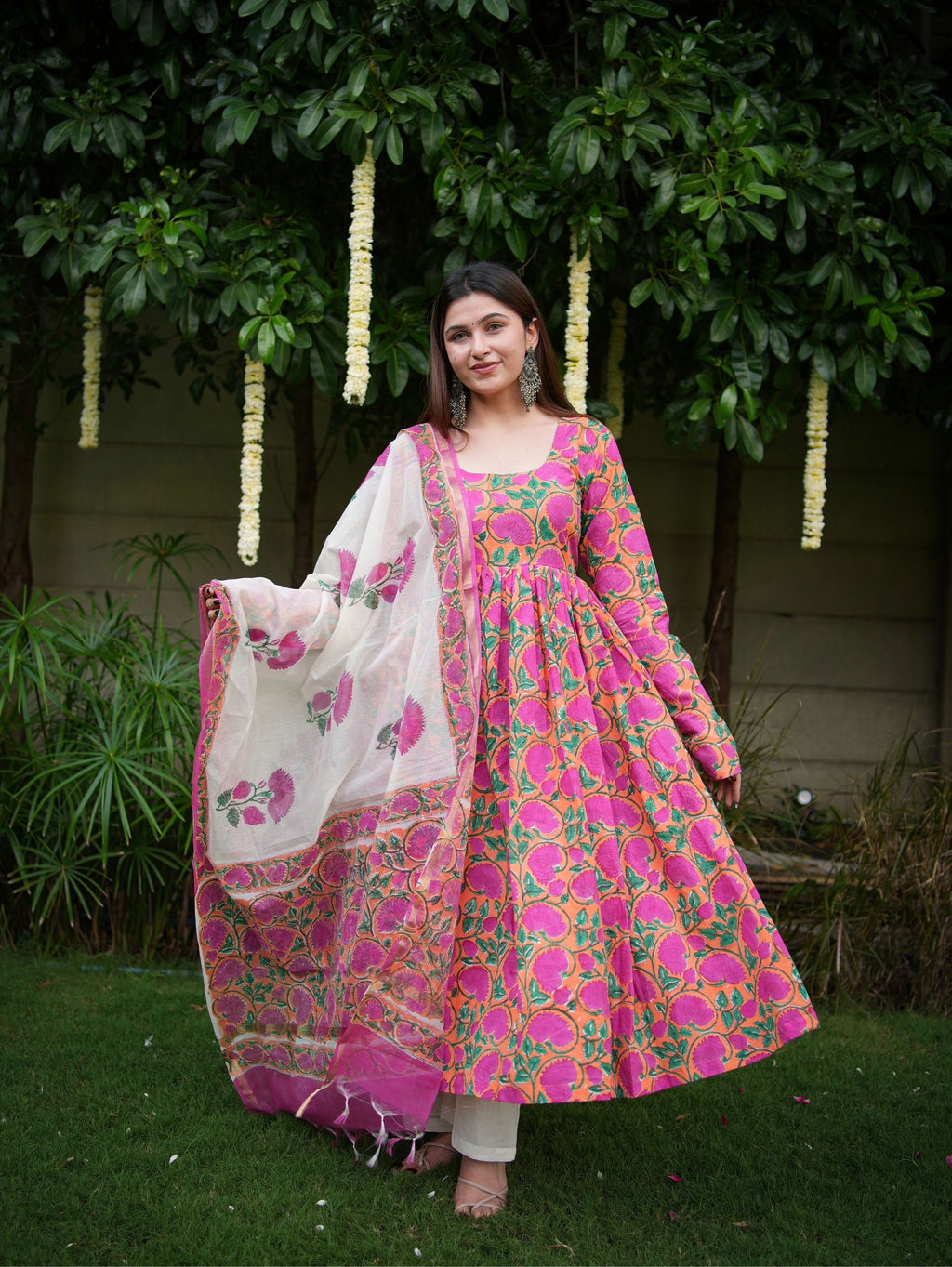 Shubhika Pink Handblock Cotton Three Piece Anarkali Set