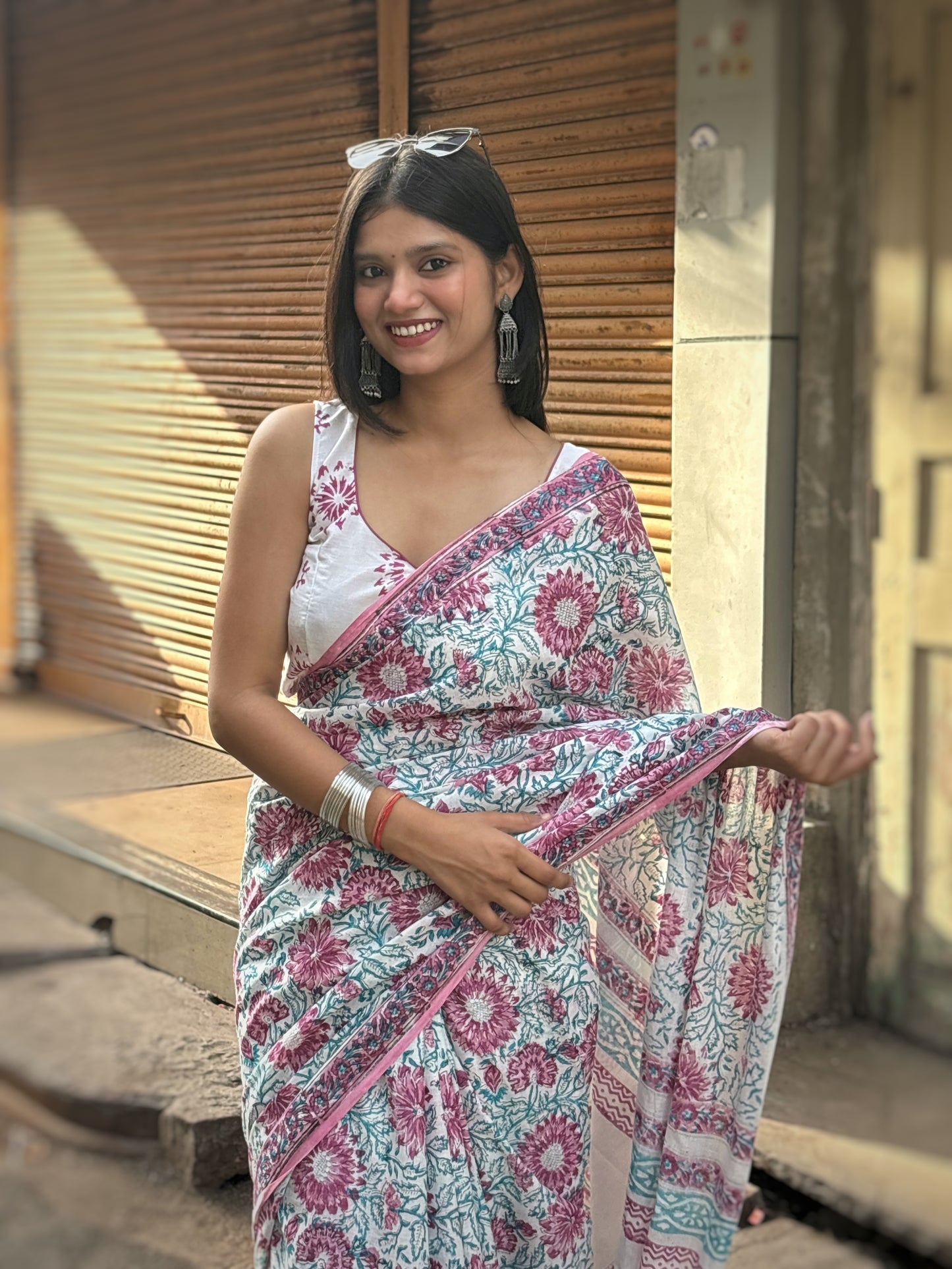 White cotton handblock printed  saree