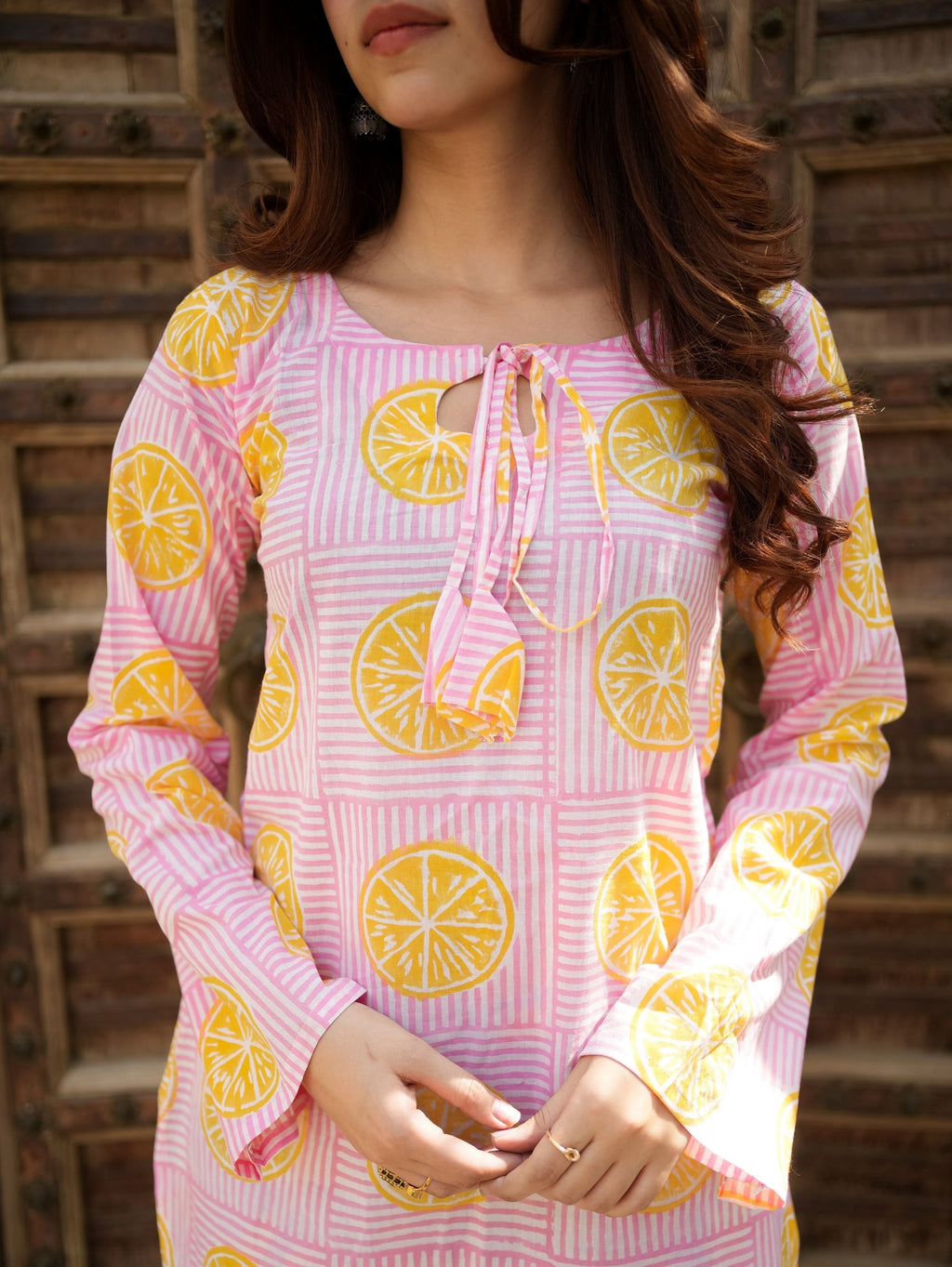 Summer Lemon Sorbet Pink Cotton Kurta Set with Handblock Farshi Salwar