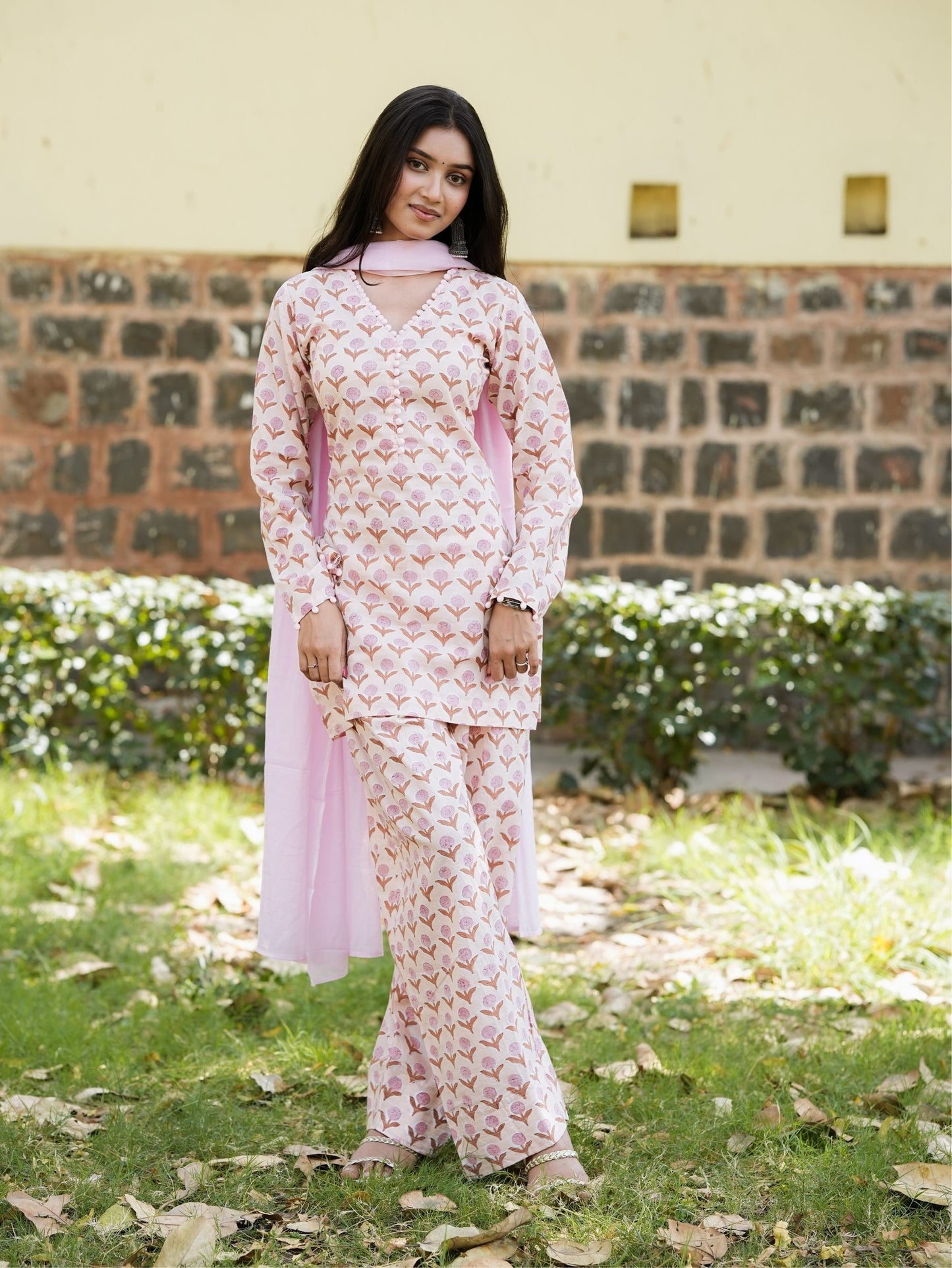 Anaya Beige Pink Cotton Farshi Salwar Suit Set