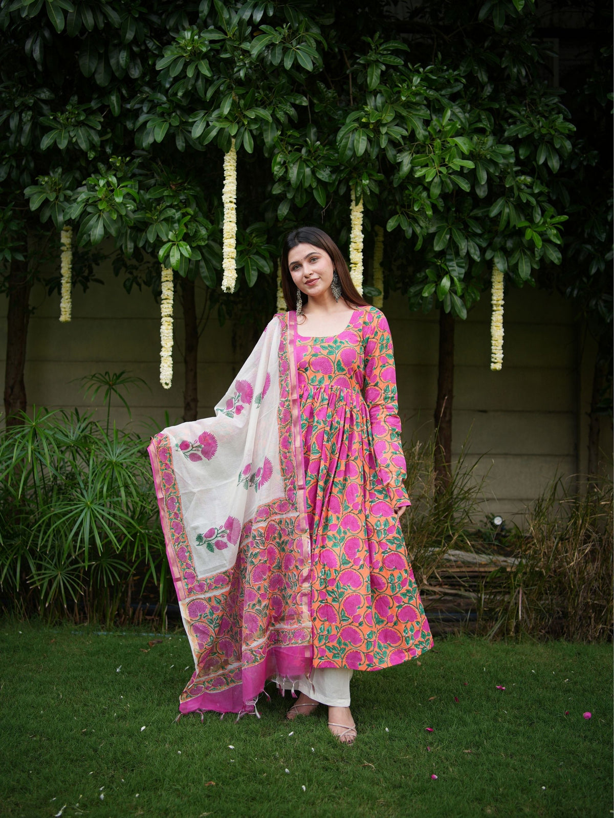 Shubhika Pink Handblock Cotton Three Piece Anarkali Set