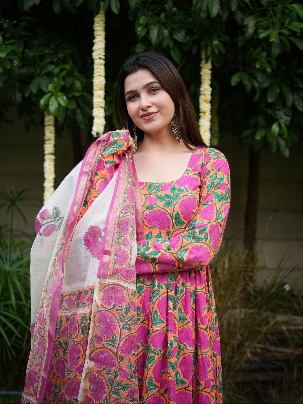 Shubhika Pink Handblock Cotton Three Piece Anarkali Set