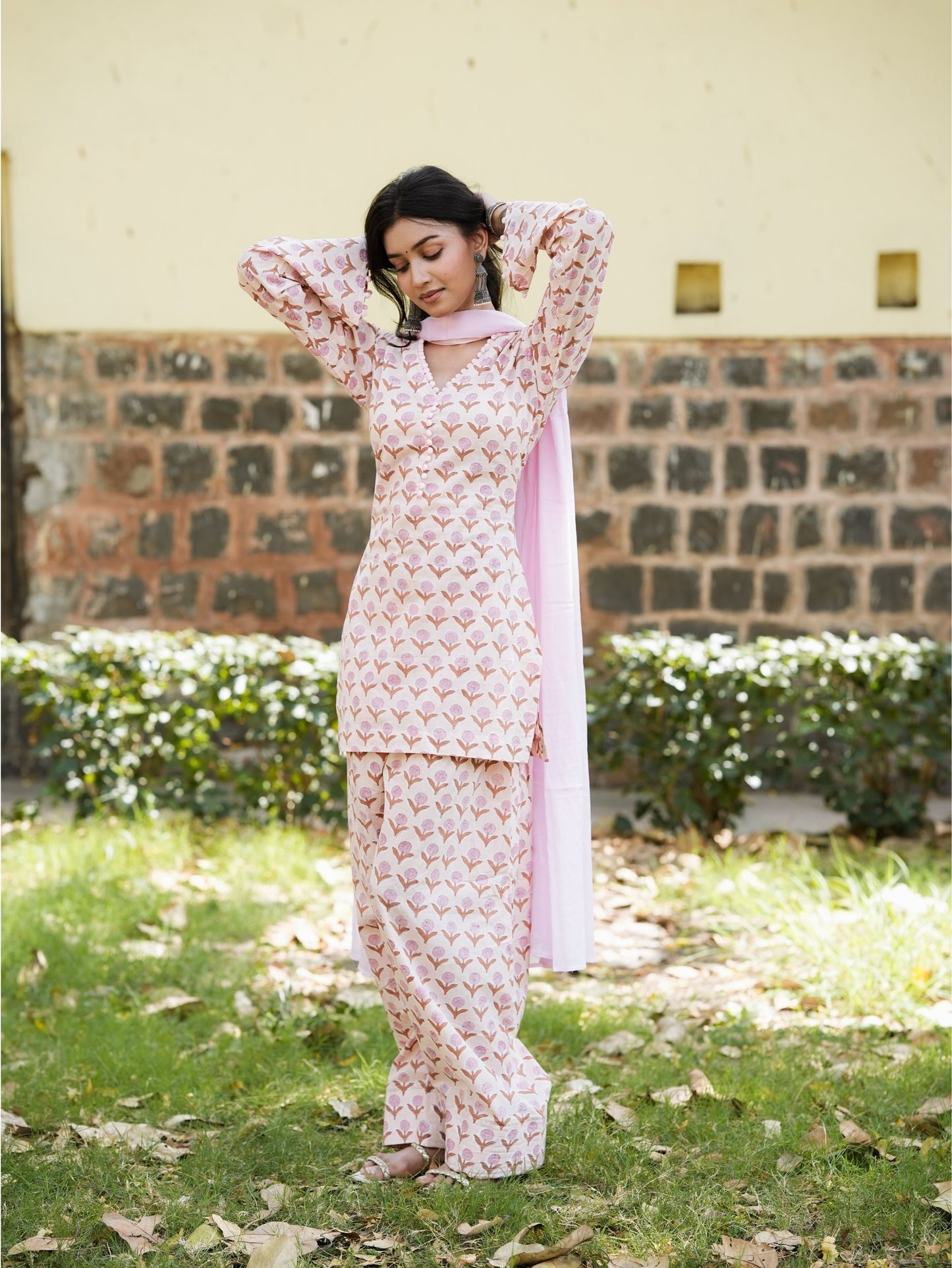 Anaya Beige Pink Cotton Farshi Salwar Suit Set