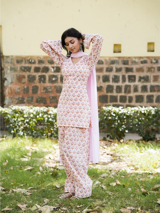 Anaya Beige Pink Cotton Farshi Salwar Suit Set