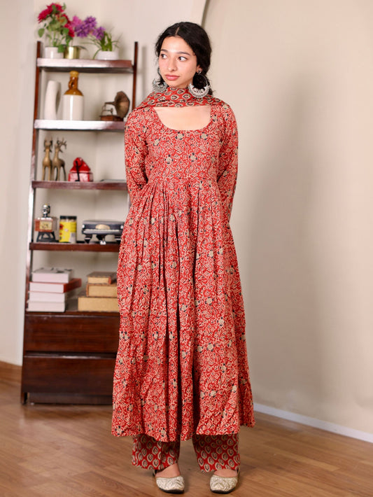 Madhubala Red Cotton Anarkali Suit Set