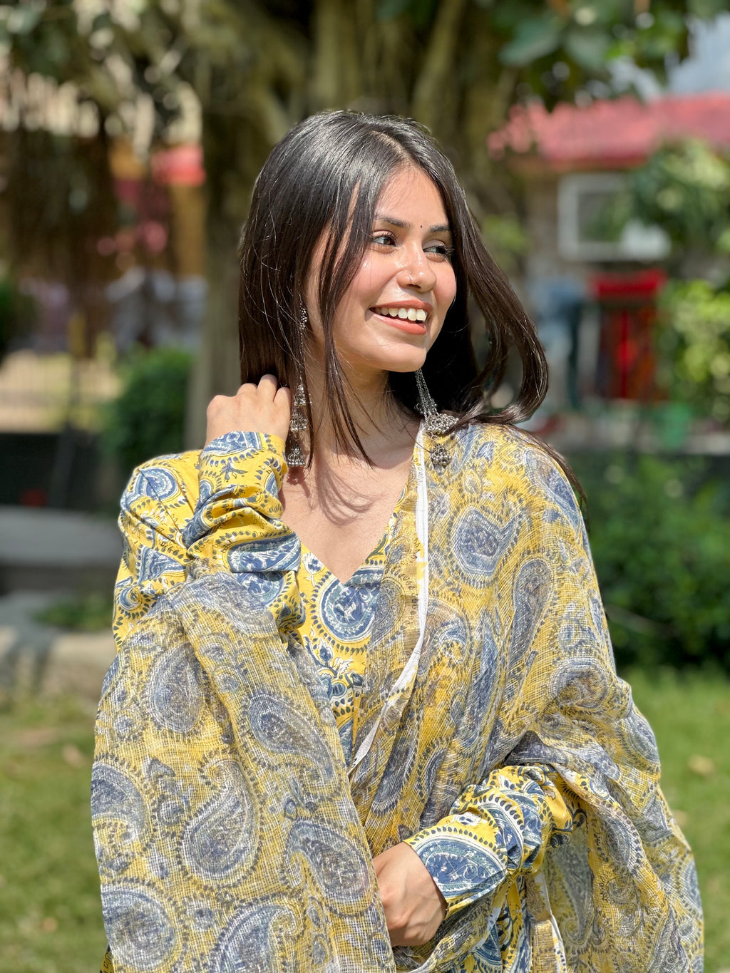 Yellow Paisley Anarkali Set( Kota doriya)