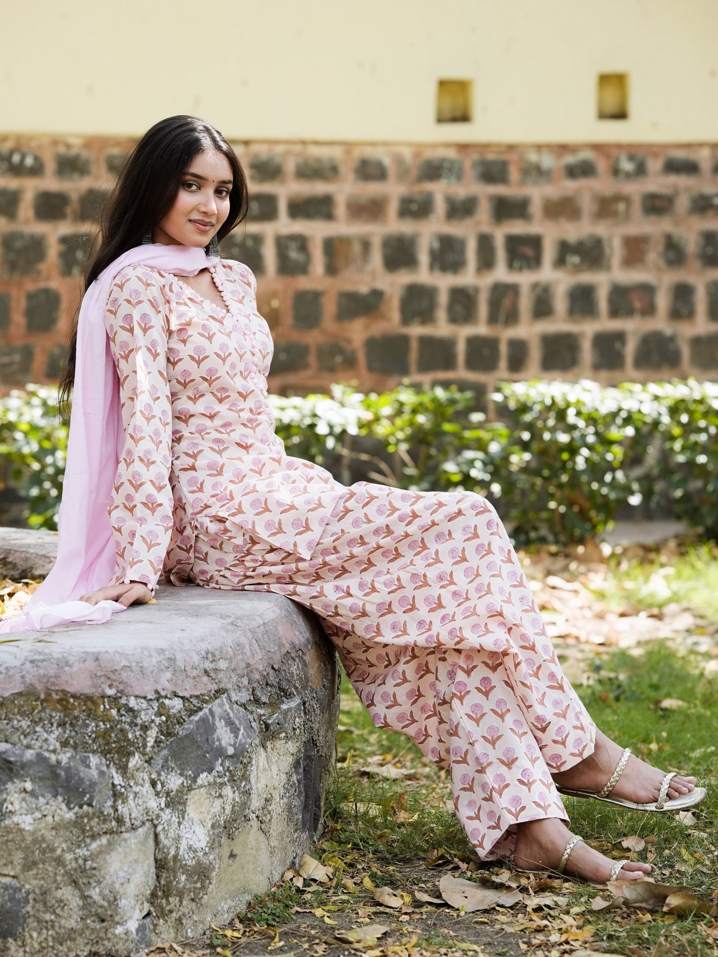 Anaya Beige Pink Cotton Farshi Salwar Suit Set