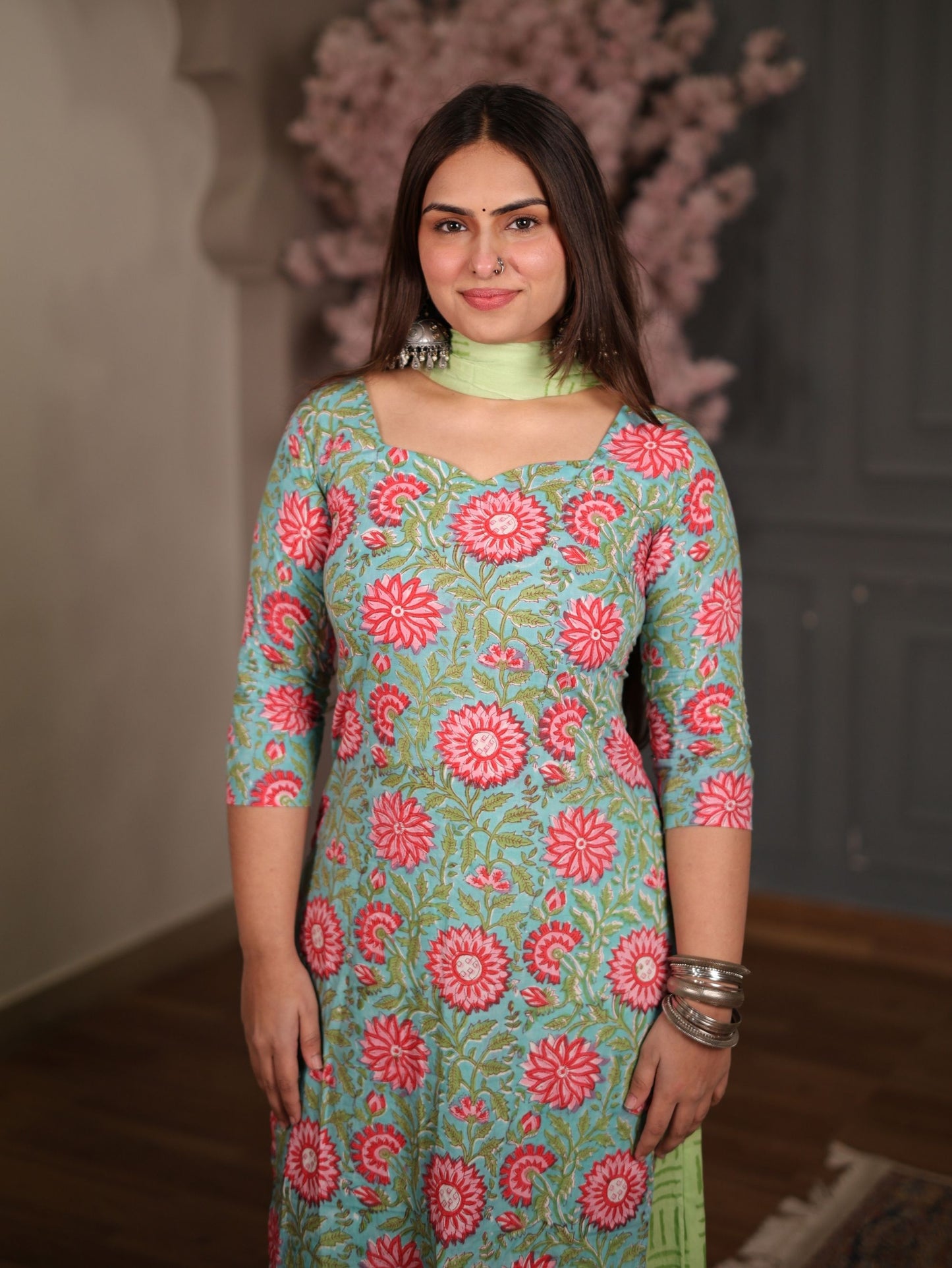 Sargam Green Pink Cotton Suit Set with Palazzo and Cotton Dupatta