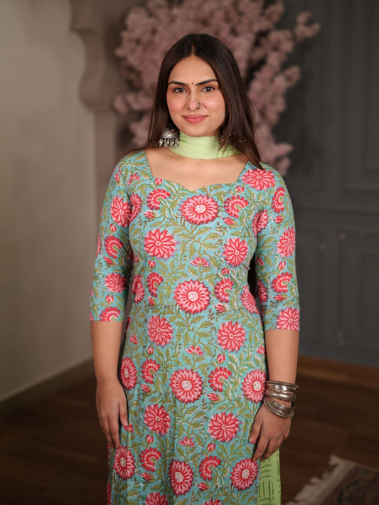 Sargam Green Pink Cotton Suit Set with Palazzo and Chiffon Dupatta