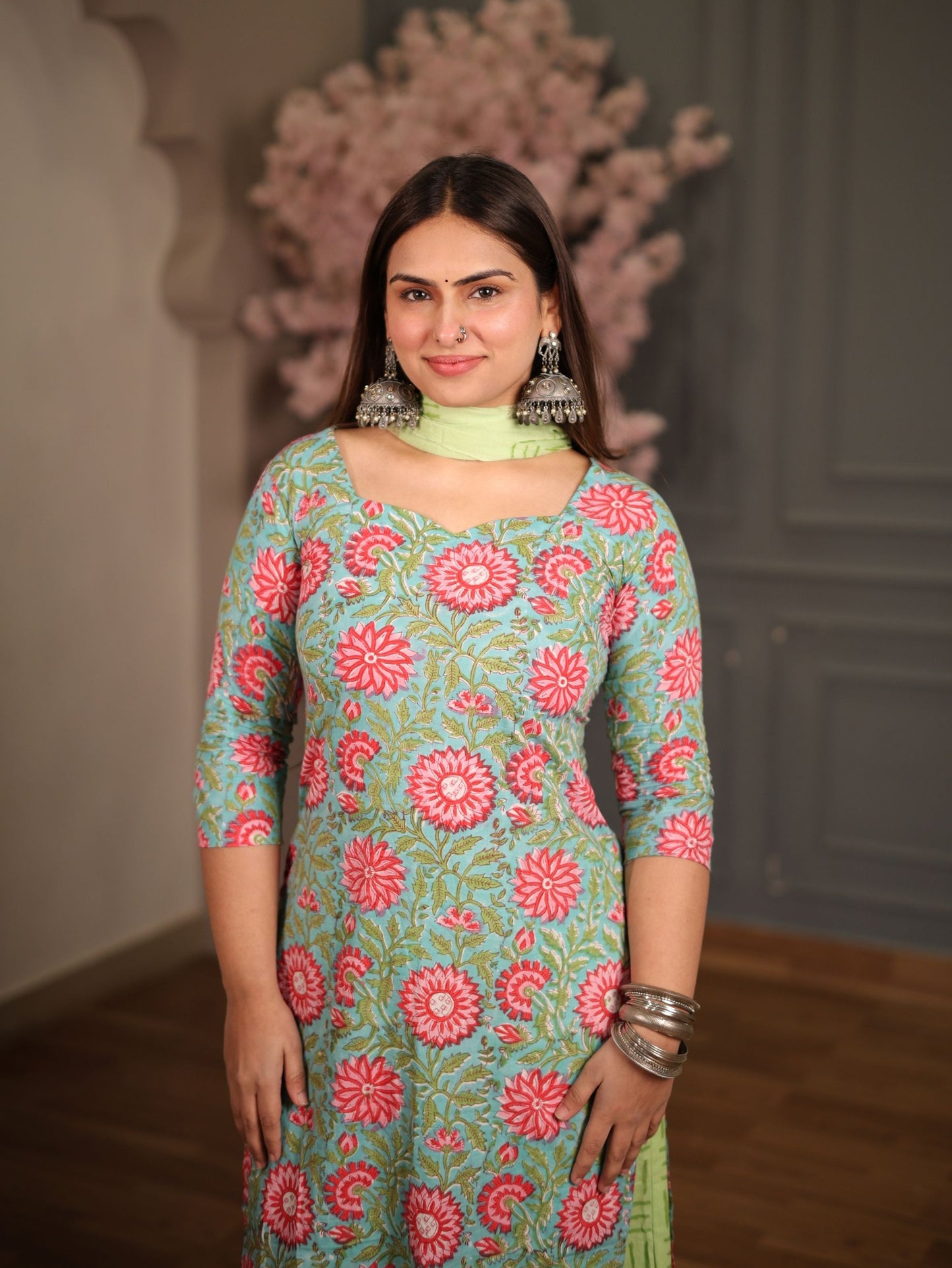 Sargam Green Pink Cotton Suit Set with Palazzo and Cotton Dupatta