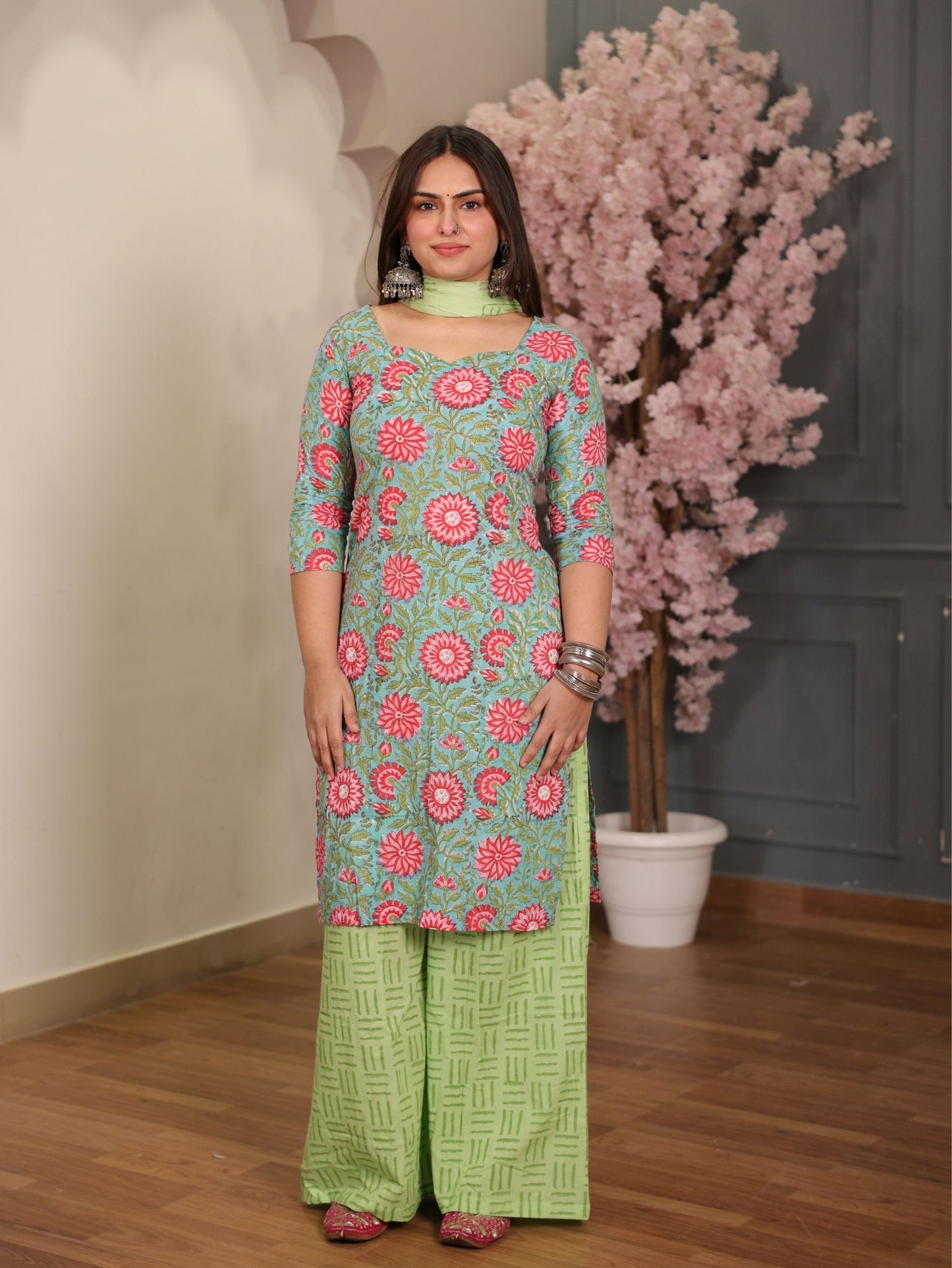 Sargam Green Pink Cotton Suit Set with Palazzo and Cotton Dupatta