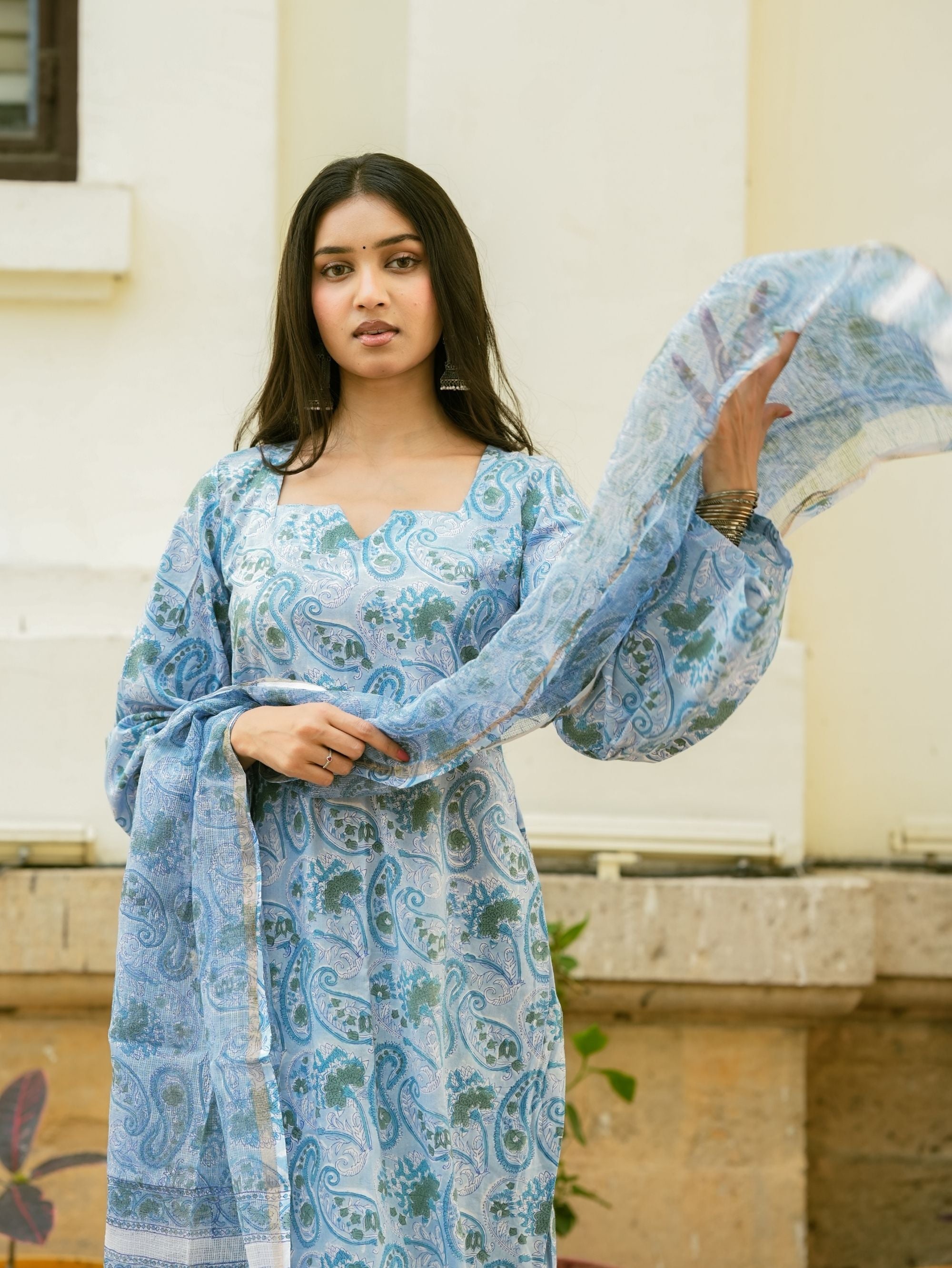 Zyra Blue Handblock Cotton Kurta Pant Set with Kota Doria Dupatta