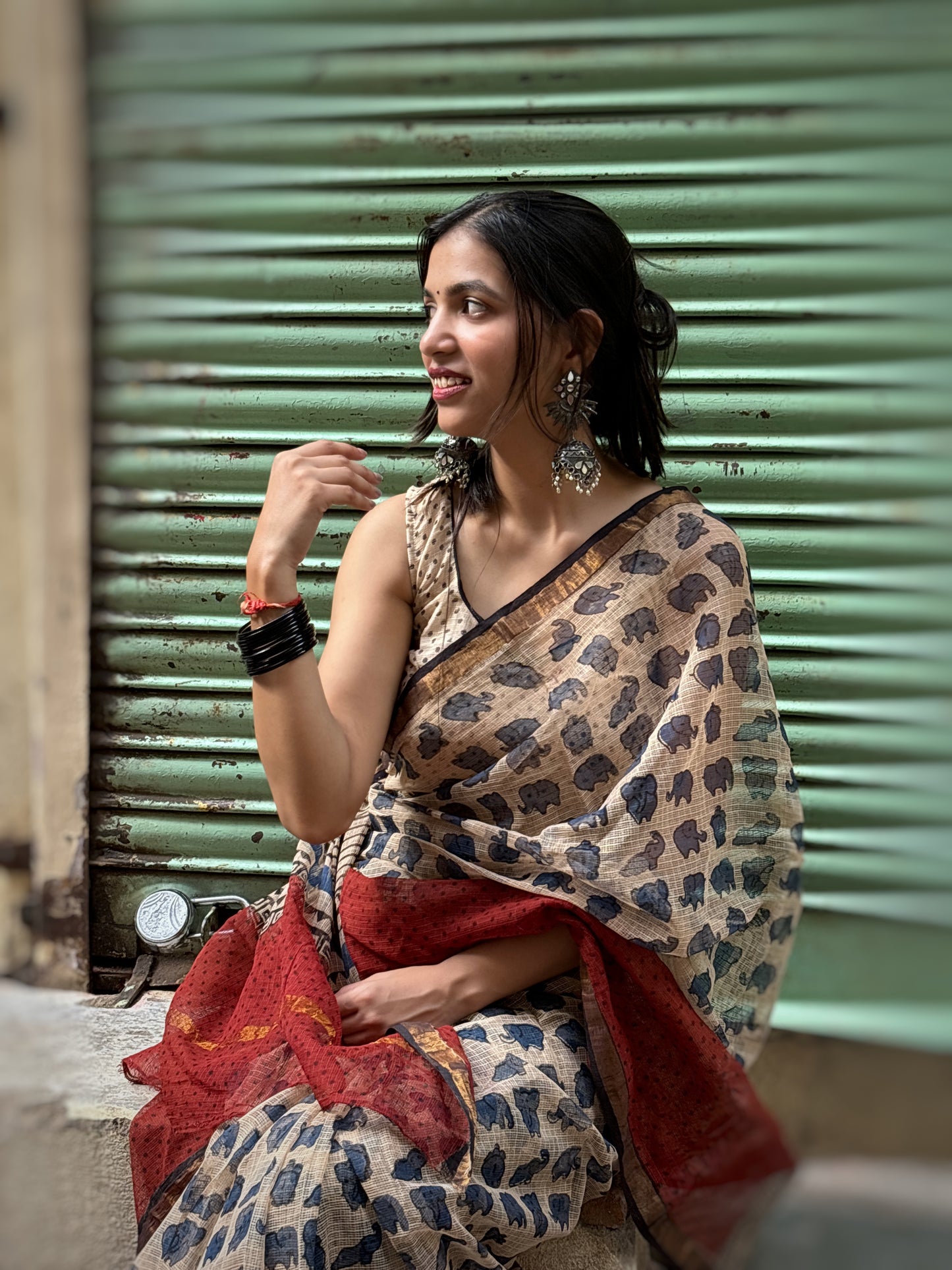 Gerua and Beige Kota Doriya Handblock Saree