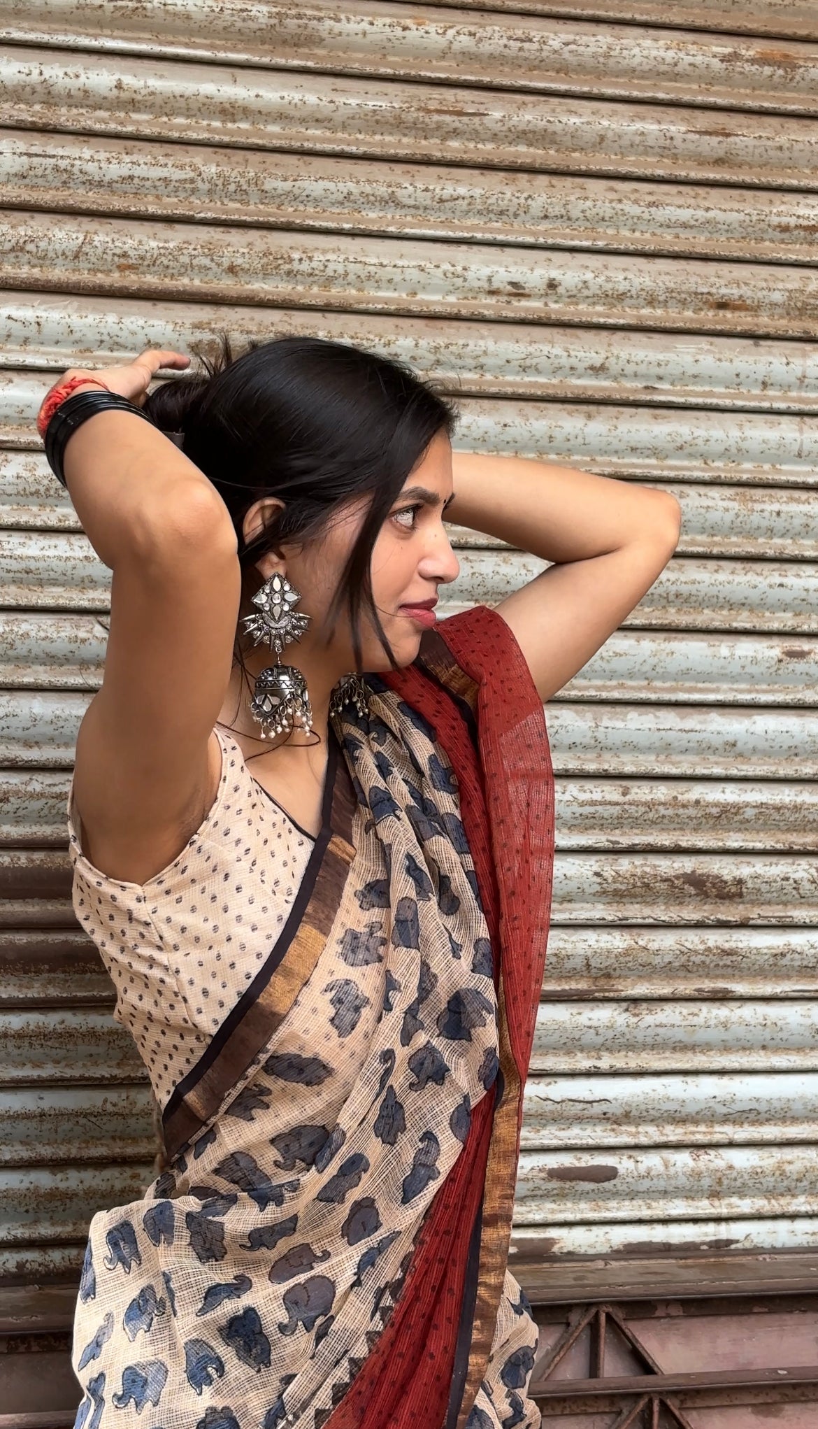 Gerua and Beige Kota Doriya Handblock Saree