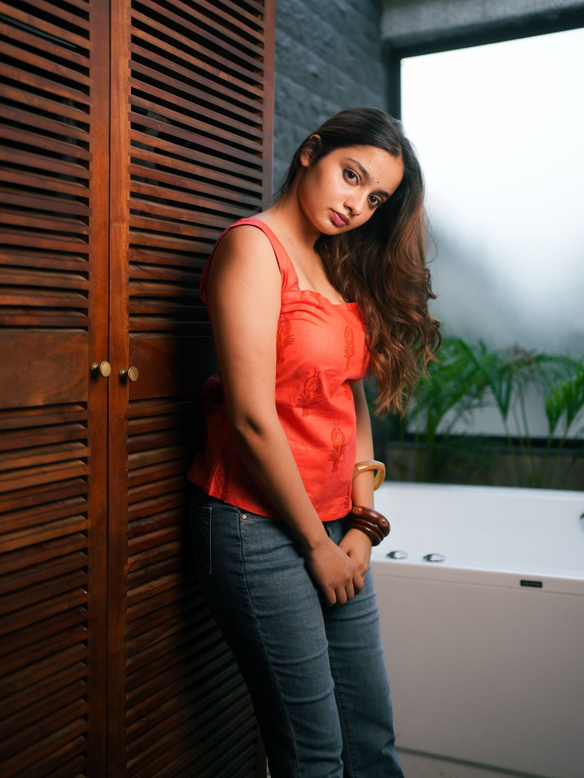 Sugar Petal Red Cotton Handblock Top with Square Neck