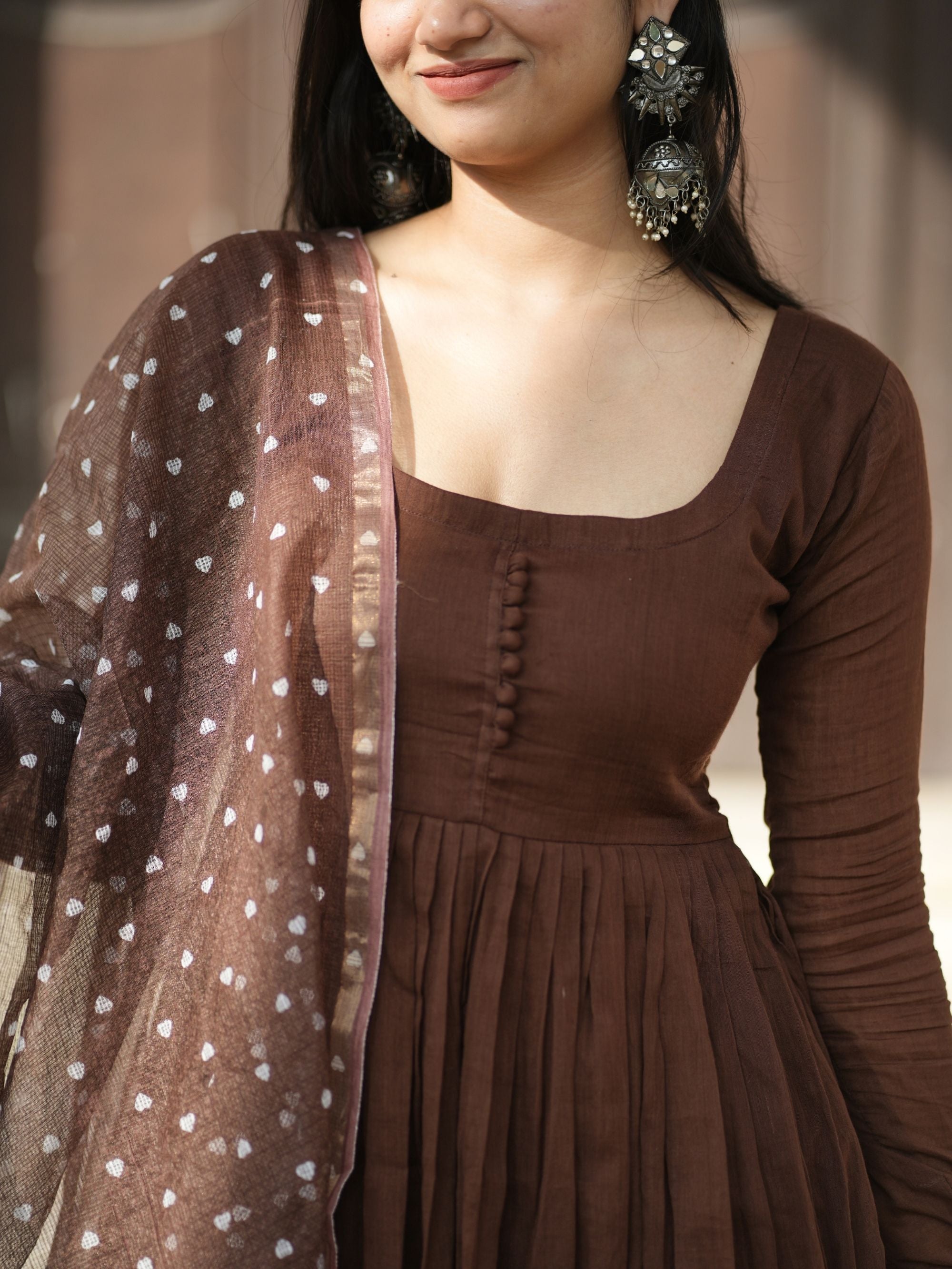 Dilruba Brown Mul Cotton Anarkali 3 Piece Suit Set with Dupatta
