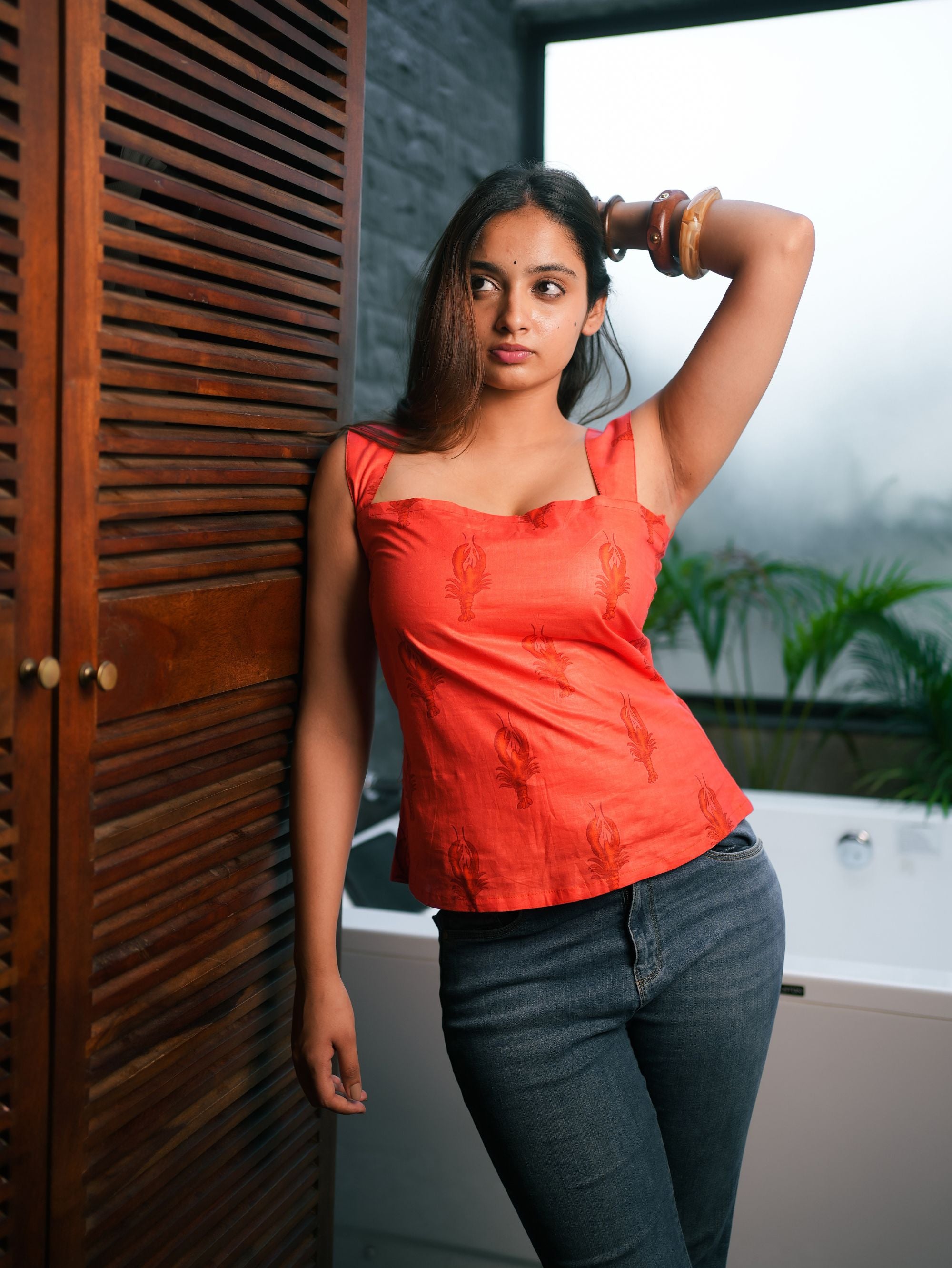 Sugar Petal Red Cotton Handblock Top with Square Neck